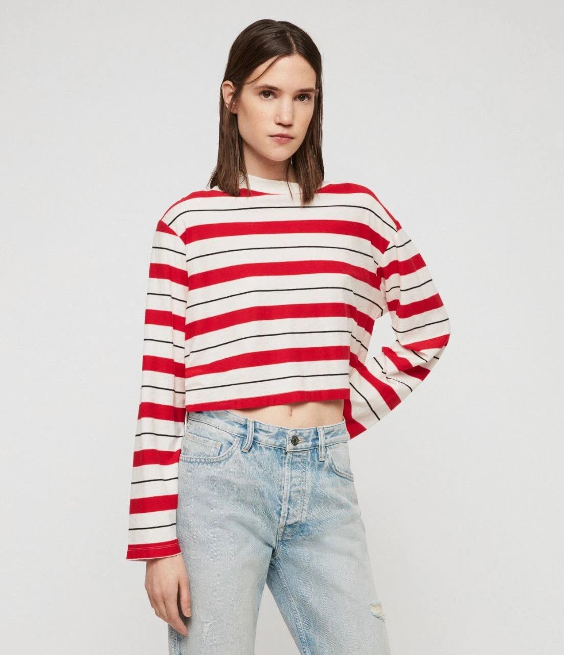 Allsaints AllSaints Benno Crop Long Sleeve Stripe T-Shirt Cotton Small Size S / US 4 / IT 40 - 1 Thumbnail