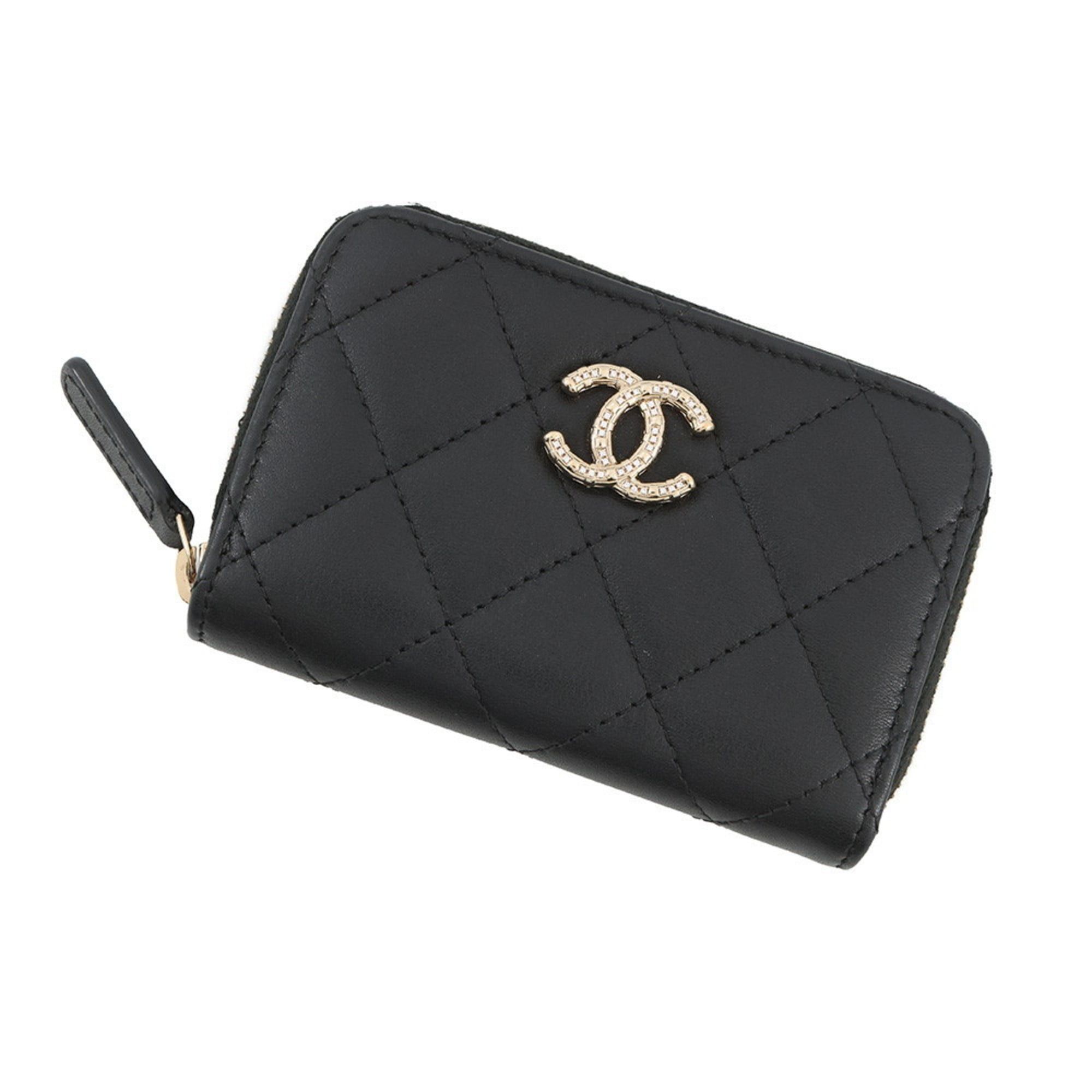 Chanel Coco Mark Rhinestone Matelasse Zip Coin Purse in Lambskin Black AP3977