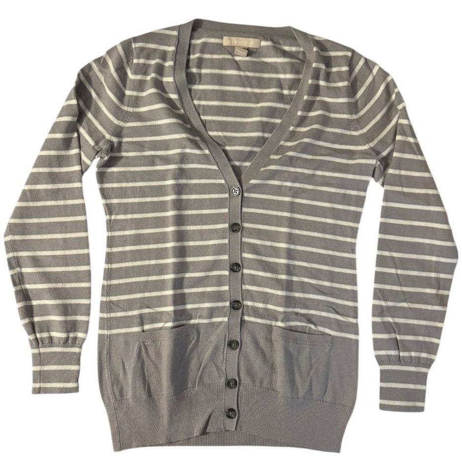 Banana Republic Banana Republic Light Gray White Striped Cardigan Button M Size M / US 6-8 / IT 42-44 - 1 Thumbnail