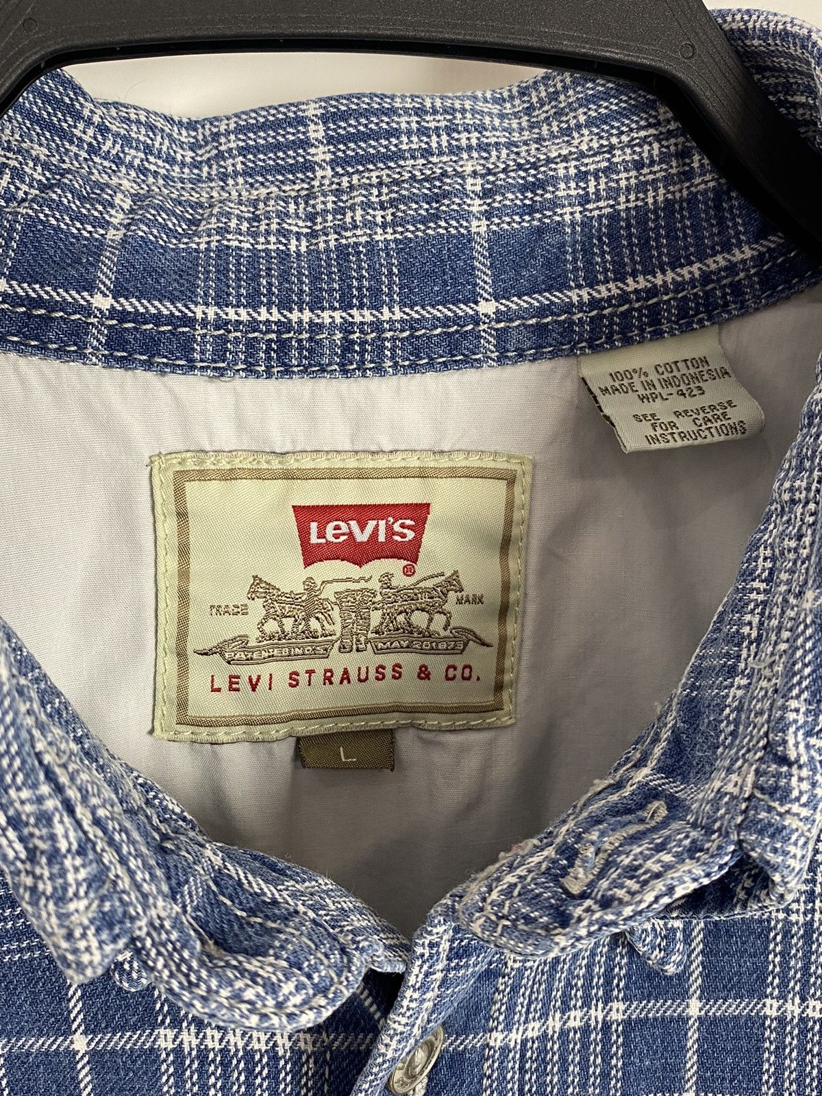 Levi's 1990’s Vintage Levi’s Blue Tab Checkered Denim Button Up Size US L / EU 52-54 / 3 - 3 Thumbnail