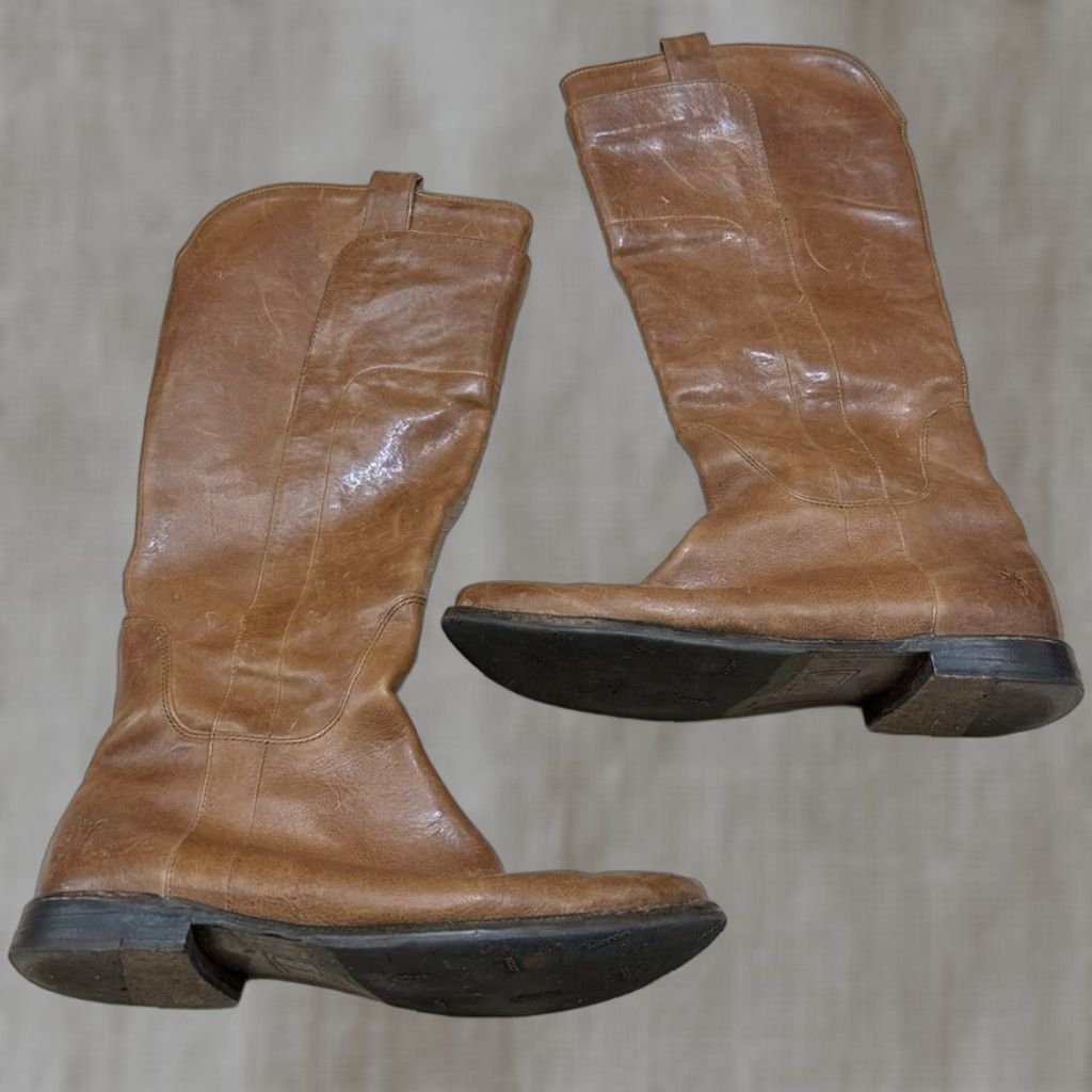 Vintage Frye Equestrian Riding Boots Knee High Leather 9.5B Brown Block Heel Shoes Womens