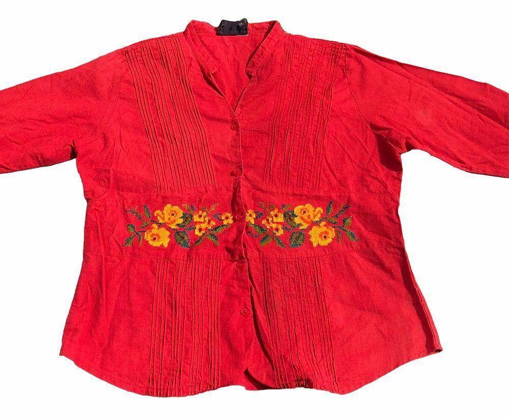 Designer Pre Owned Needle Point Embroidered Red Hand Made Blouse G Size L / US 10 / IT 46 - 5 Thumbnail