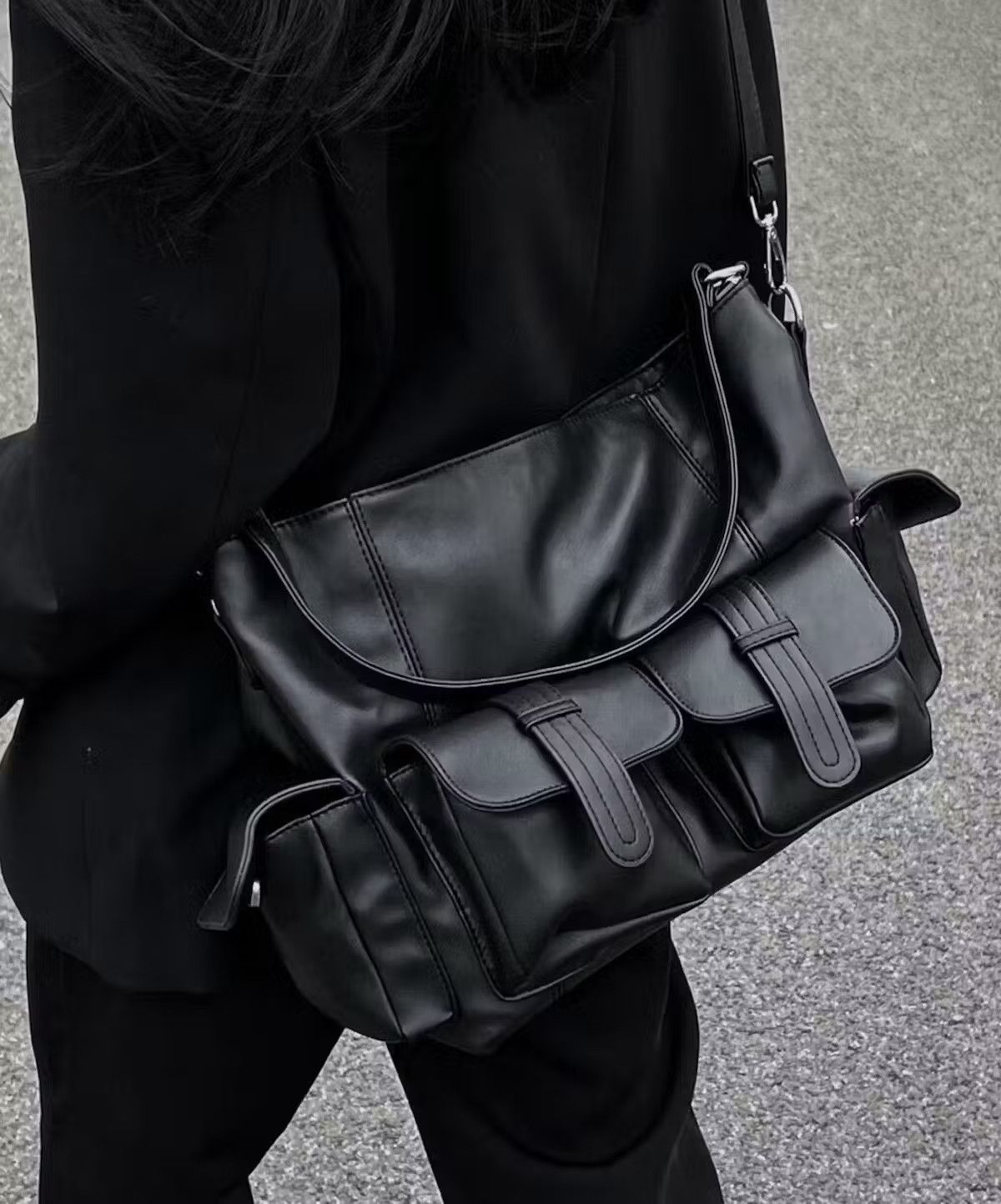 image of Fashion Y2K Faux Leather Messenger Shoulder Bag in Black, Men's