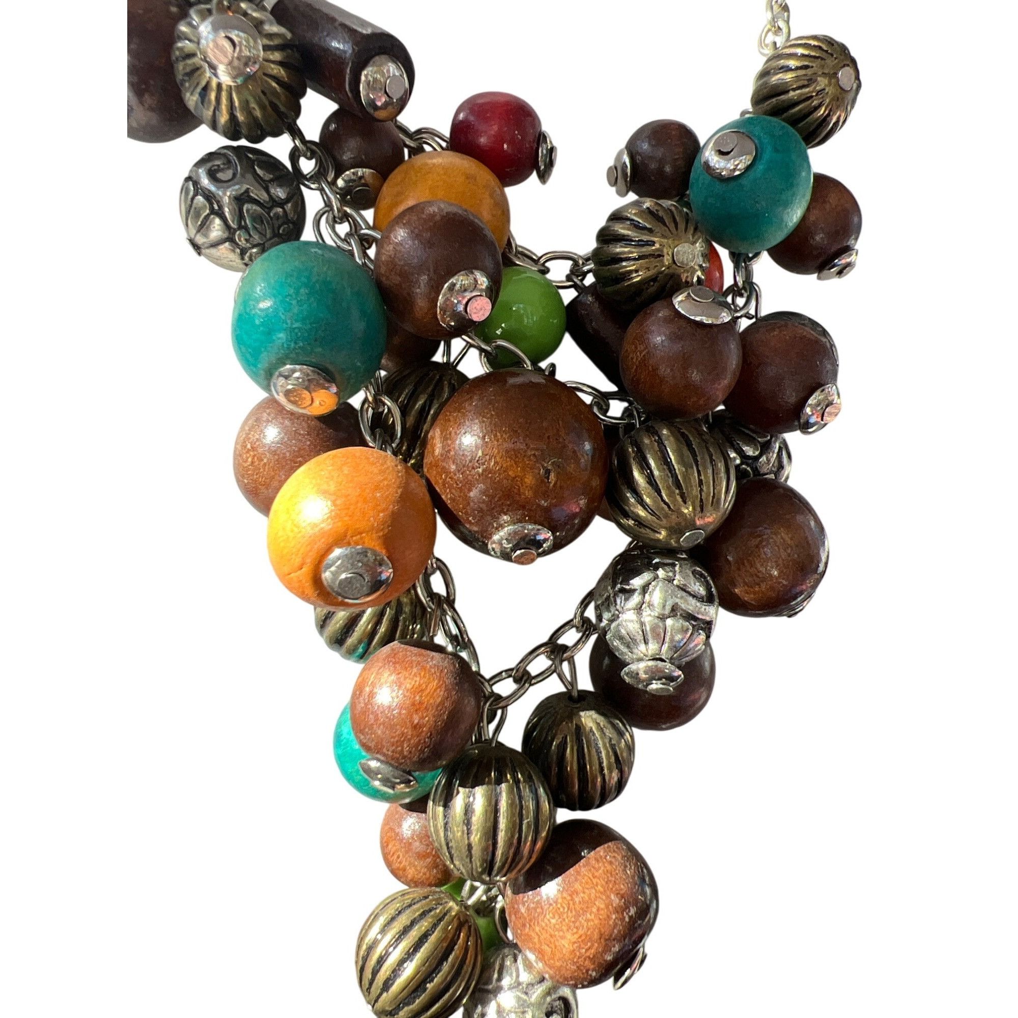 Other Vintage Silver Tone Statement Necklace Wood Bib Tribal Boho Size ONE SIZE - 2 Thumbnail