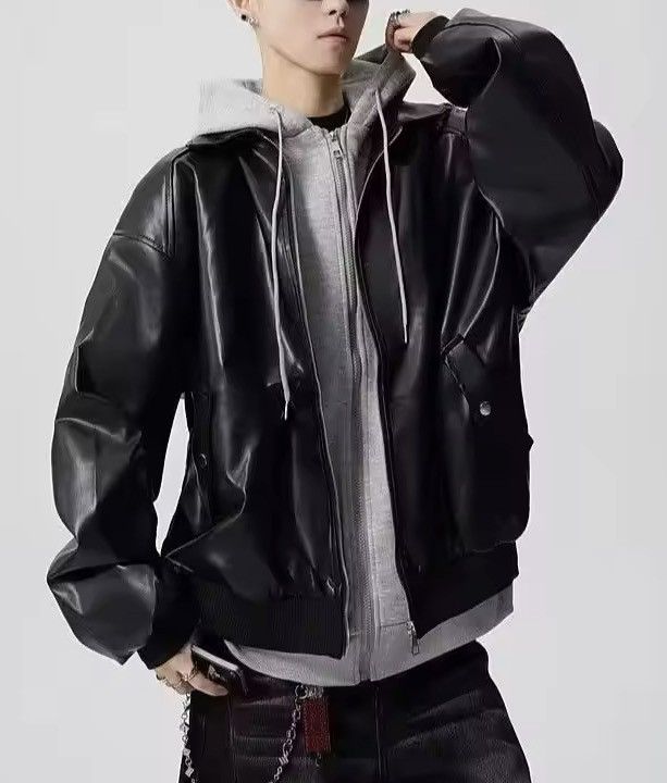 Japanese Brand Fake Two-Piece Double Zipper Leather Bomber - Black/Grey Size US XXL / EU 58 / 5 - 1 Thumbnail