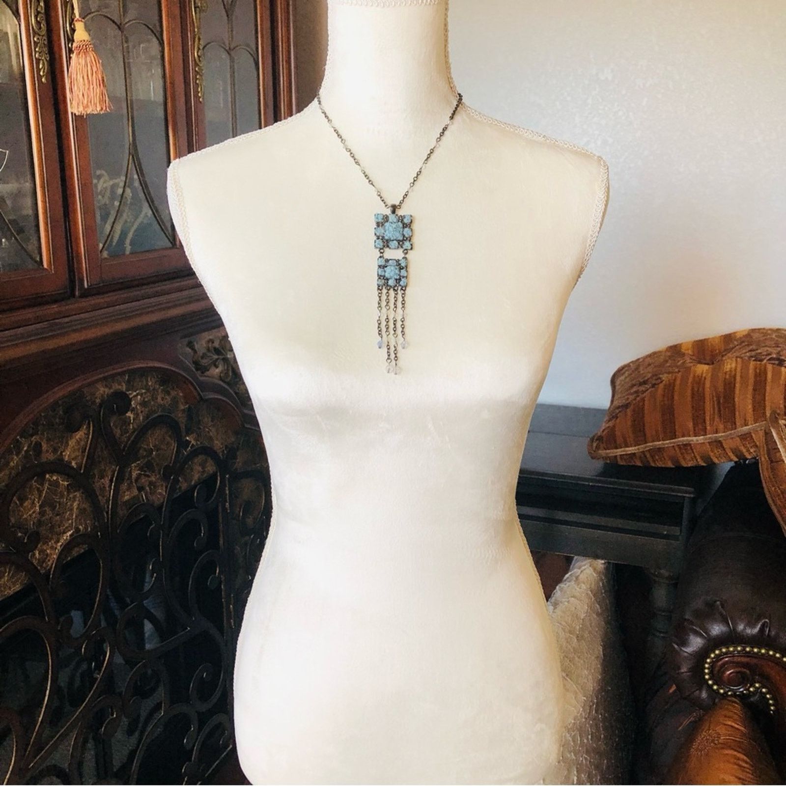 Jewelry Blue coral gunmetal necklace earring and ring jewelry set Size ONE SIZE - 4 Thumbnail