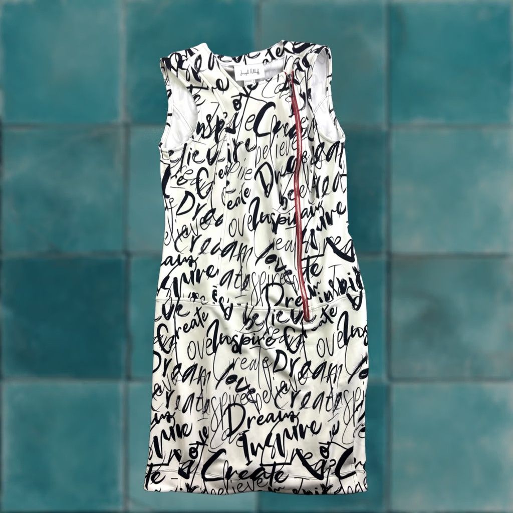Joseph Ribkoff Joseph Ribkoff Graffiti Sheath Dress Womens 8 White Black Script Print Red Zip Size M / US 6-8 / IT 42-44 - 1 Thumbnail