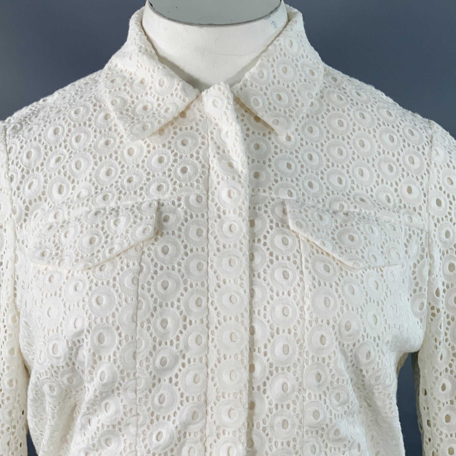 Other Ugoline White Cotton Eyelet Hidden Zipper Trucker Jacket Size L / US 10 / IT 46 - 2 Thumbnail