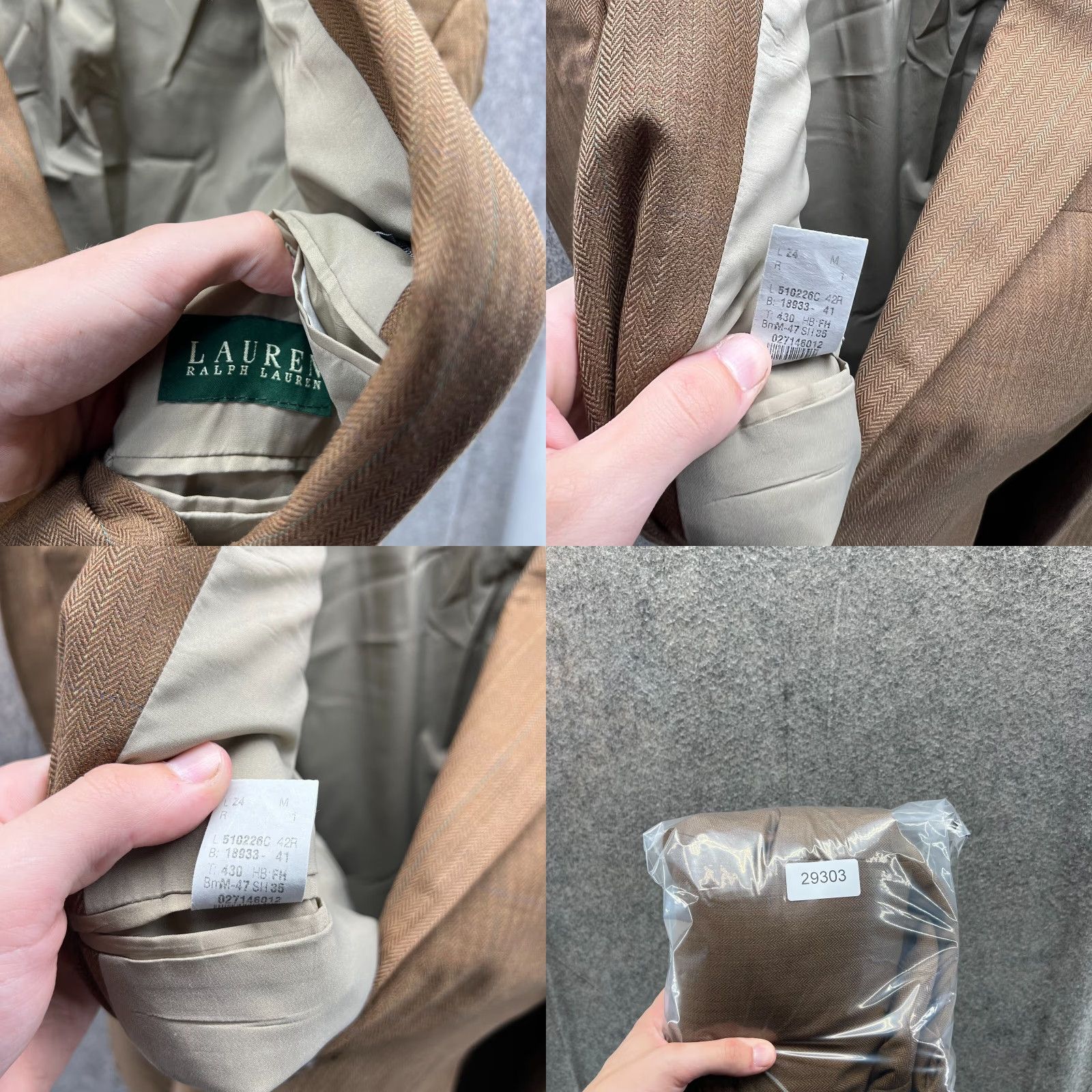 Ralph Lauren Lauren Ralph Lauren Blazer 42R Khaki Wool Herringbone Sport Coat Jacket Beig﻿e | Men 42 Regular Tuxedo Style Two-Button Front Size 42R - 9 Thumbnail