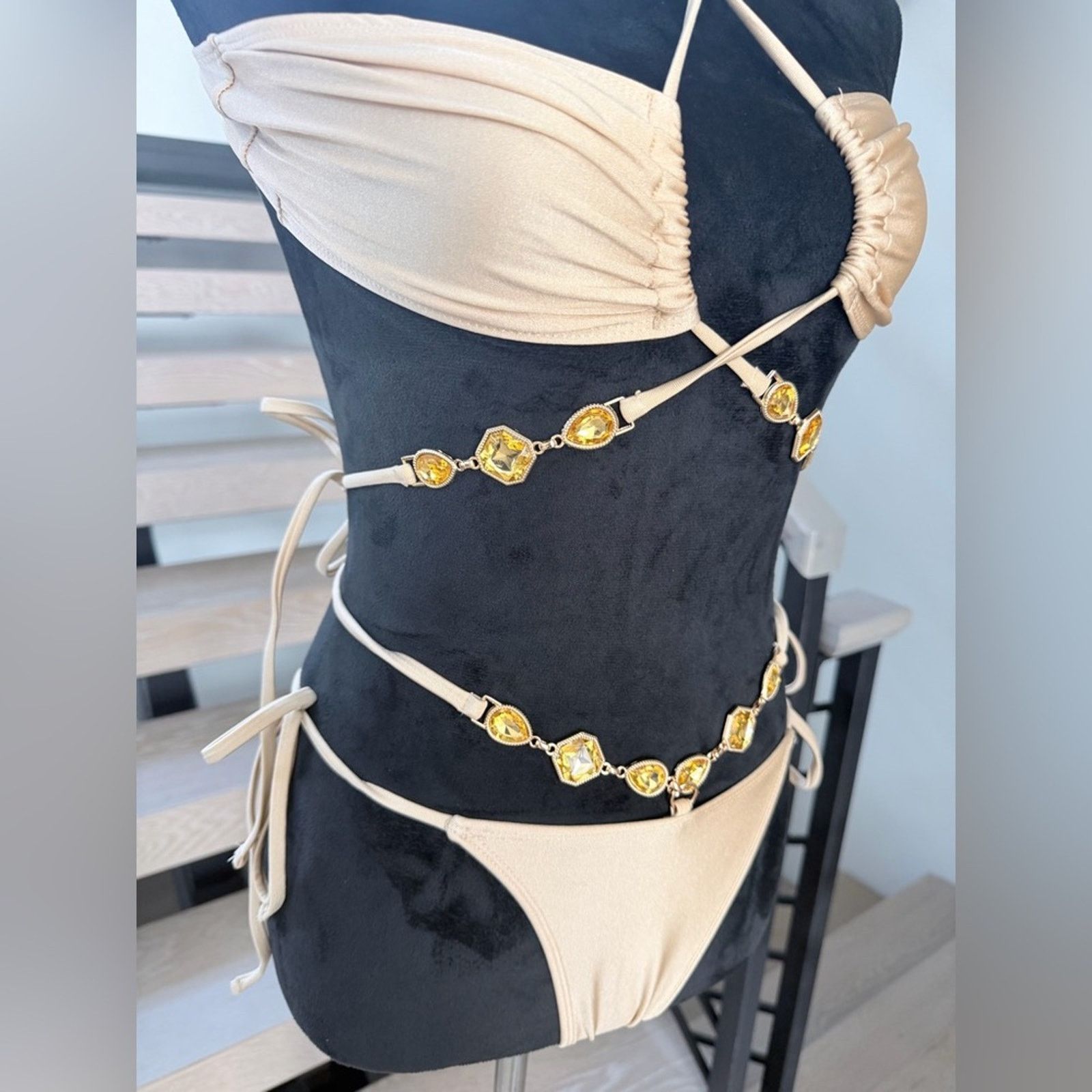 Other New Tan Bikini Swimsuit Bathing suit with rhinestones size S Size ONE SIZE - 9 Thumbnail