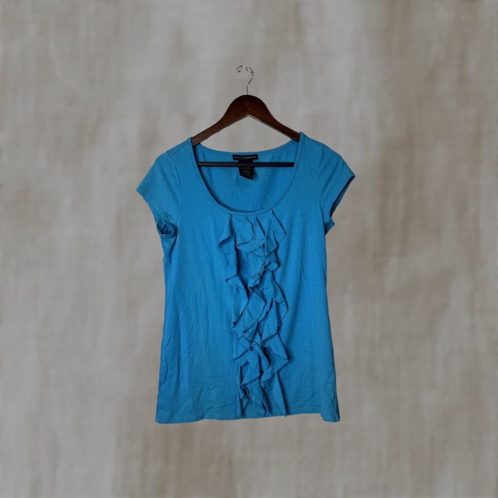Vintage VINTAGE Grace Elements Top Shirt Womens Teal Lagoon Cowl Neck Ruffle Front Short Sleeve Medium Size M / US 6-8 / IT 42-44 - 1 Thumbnail