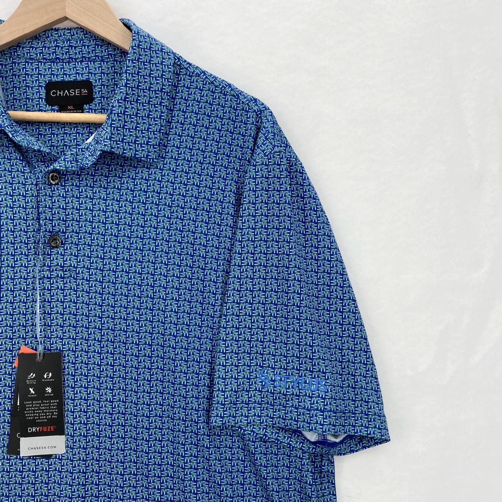Vintage Chase 54 Polo Golf Shirt Mens XL Blue Geometric Print DryFuze Performance Stylus Size US XL / EU 56 / 4 - 2 Thumbnail
