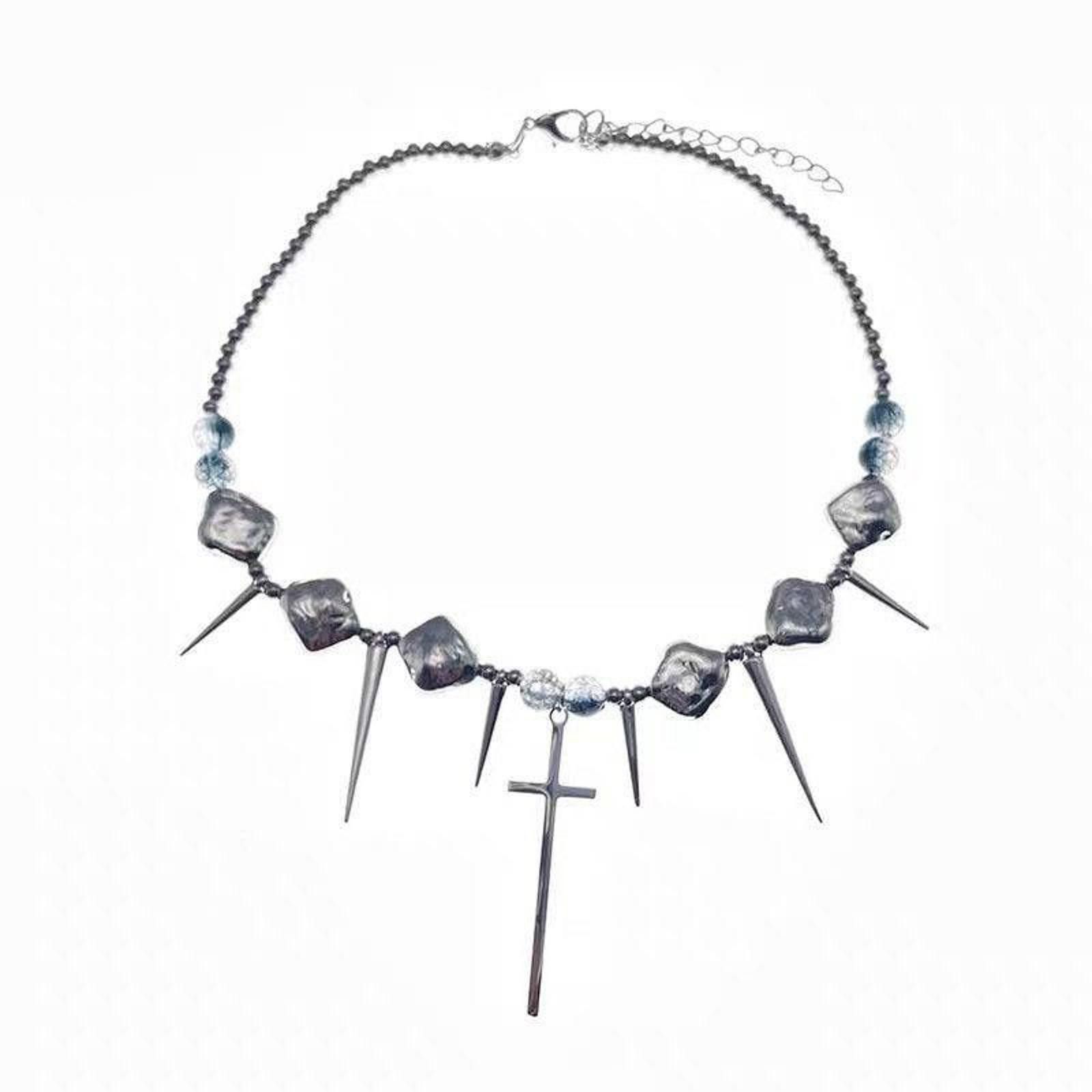 Jewelry Silver Color Thorns Punk With Cross Necklace Choker Size ONE SIZE - 5 Thumbnail