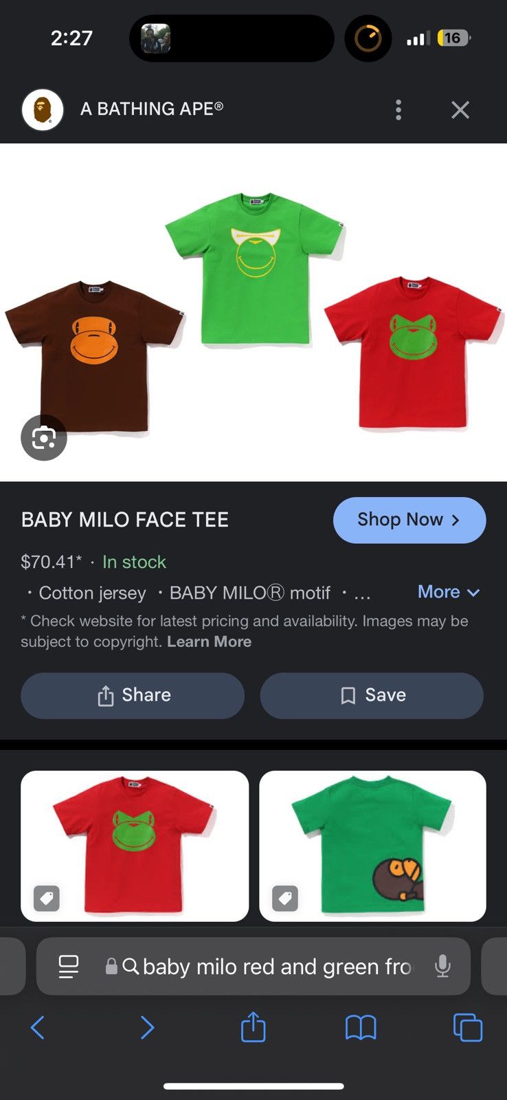 Bape Bape baby milo face tee red and green Size US XL / EU 56 / 4 - 5 Thumbnail