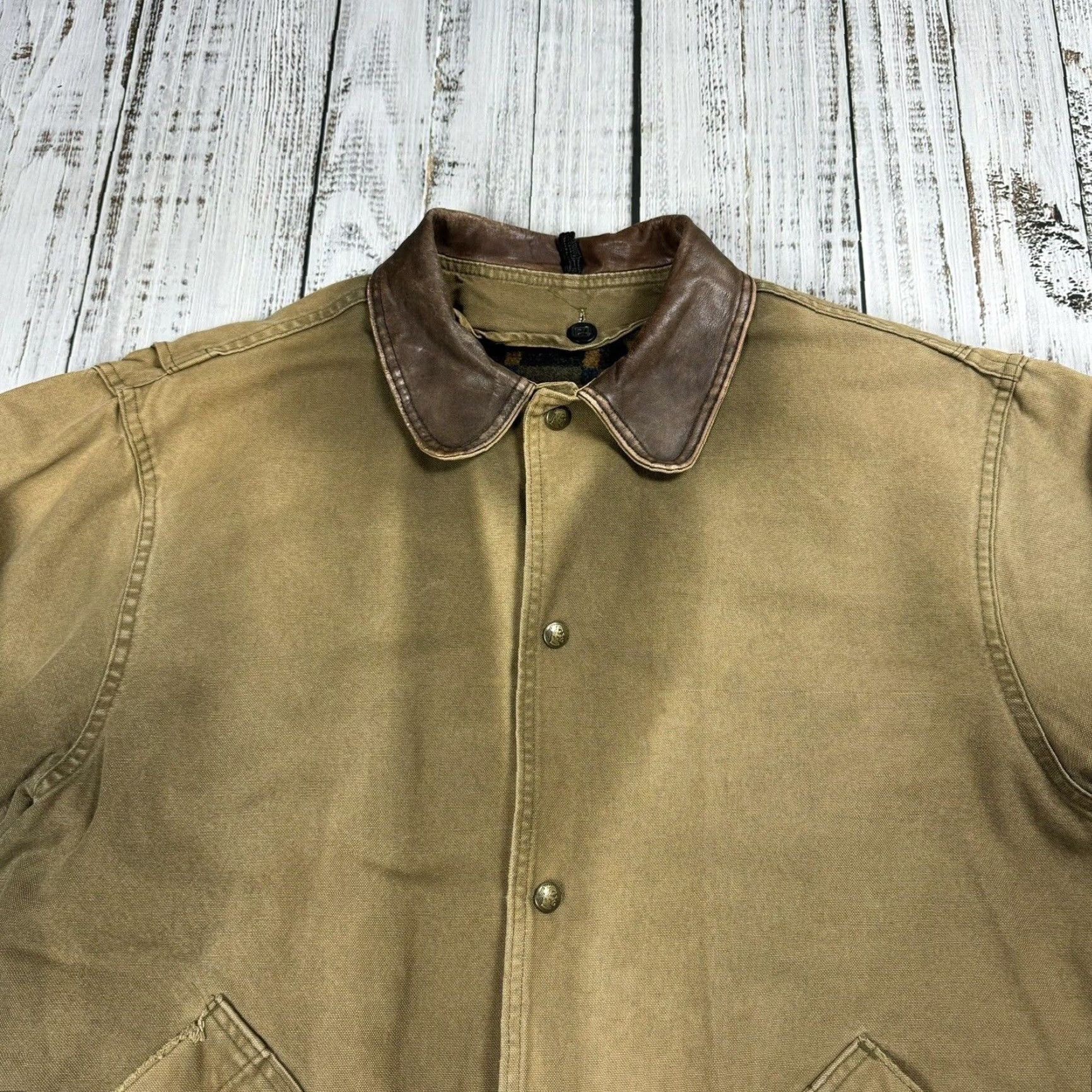 Vintage VINTAGE Woolrich Southwest Aztec Wool Blanket Lined Barn Chore Coat Jacket - Mens L Green/Brown - USA Made - Wool Woolrich Chore Coat Size US L / EU 52-54 / 3 - 4 Thumbnail