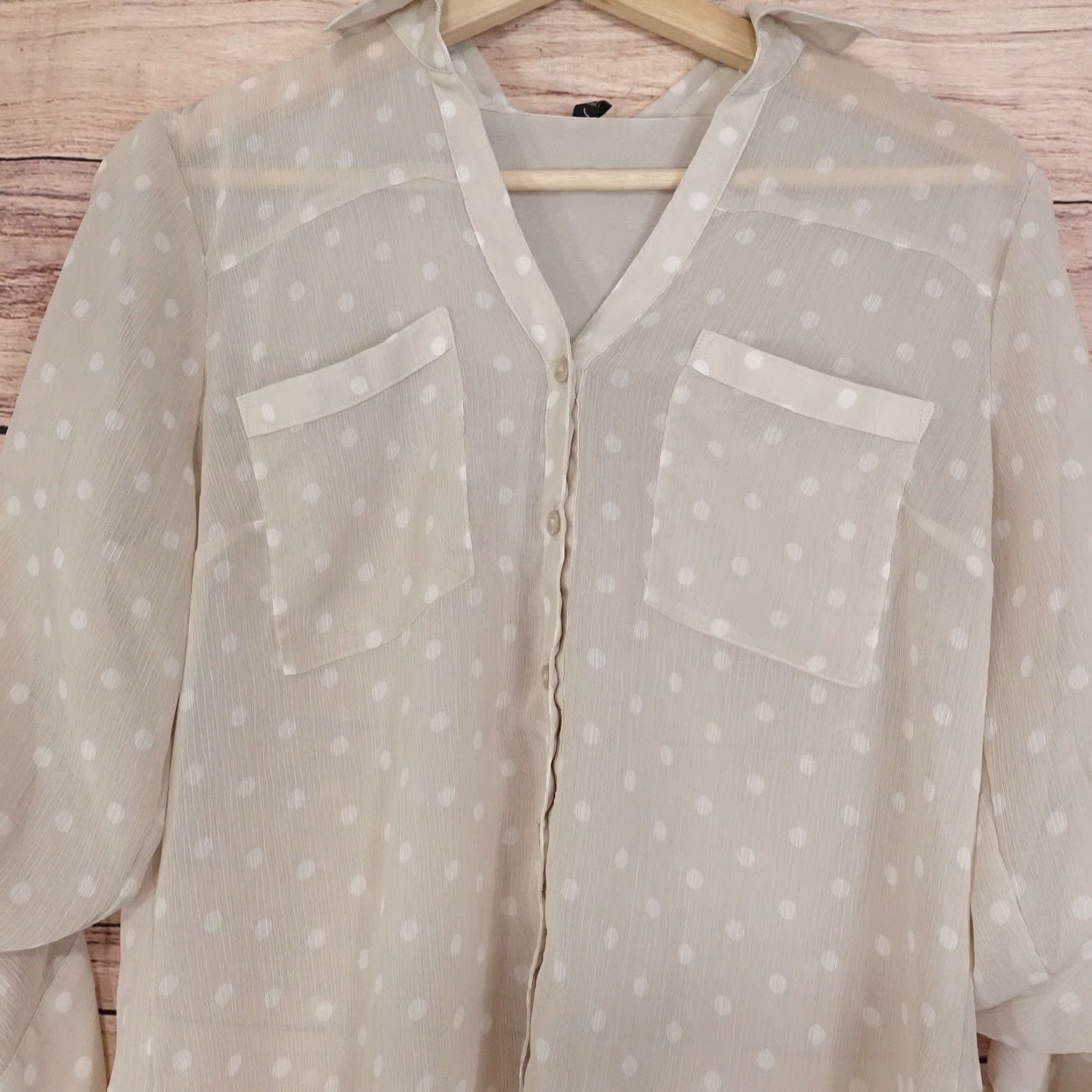 Express EXPRESS SHIRT POLKA DOT SEE-THRU LONG SLEEVE WOMENS SIZE M Beige Blouse Casual 90s? Size M / US 6-8 / IT 42-44 - 2 Thumbnail