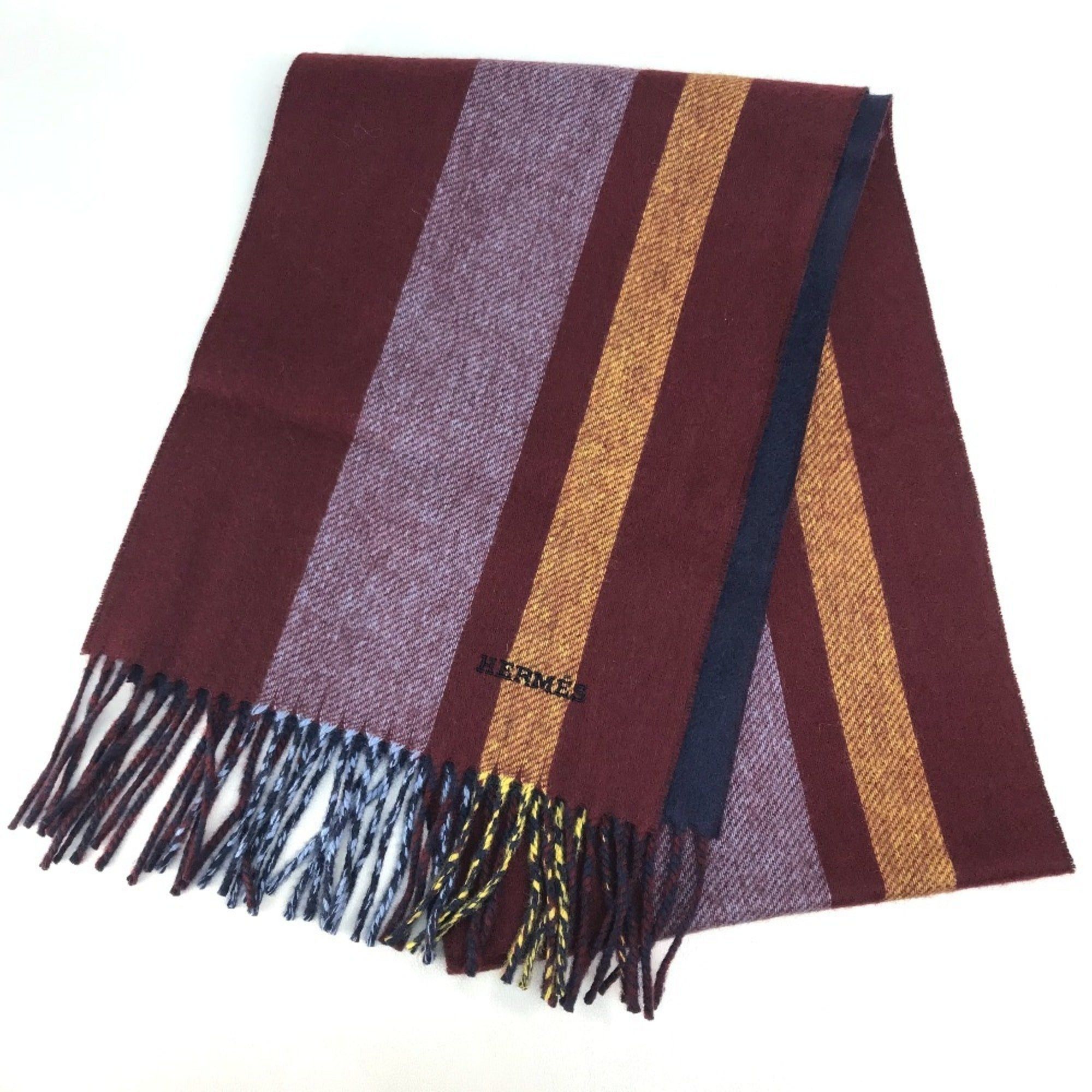 image of Hermes Alternate Stripe Muffler With Fringe Cashmere Unisex Multicolor/navy in Black, Women's