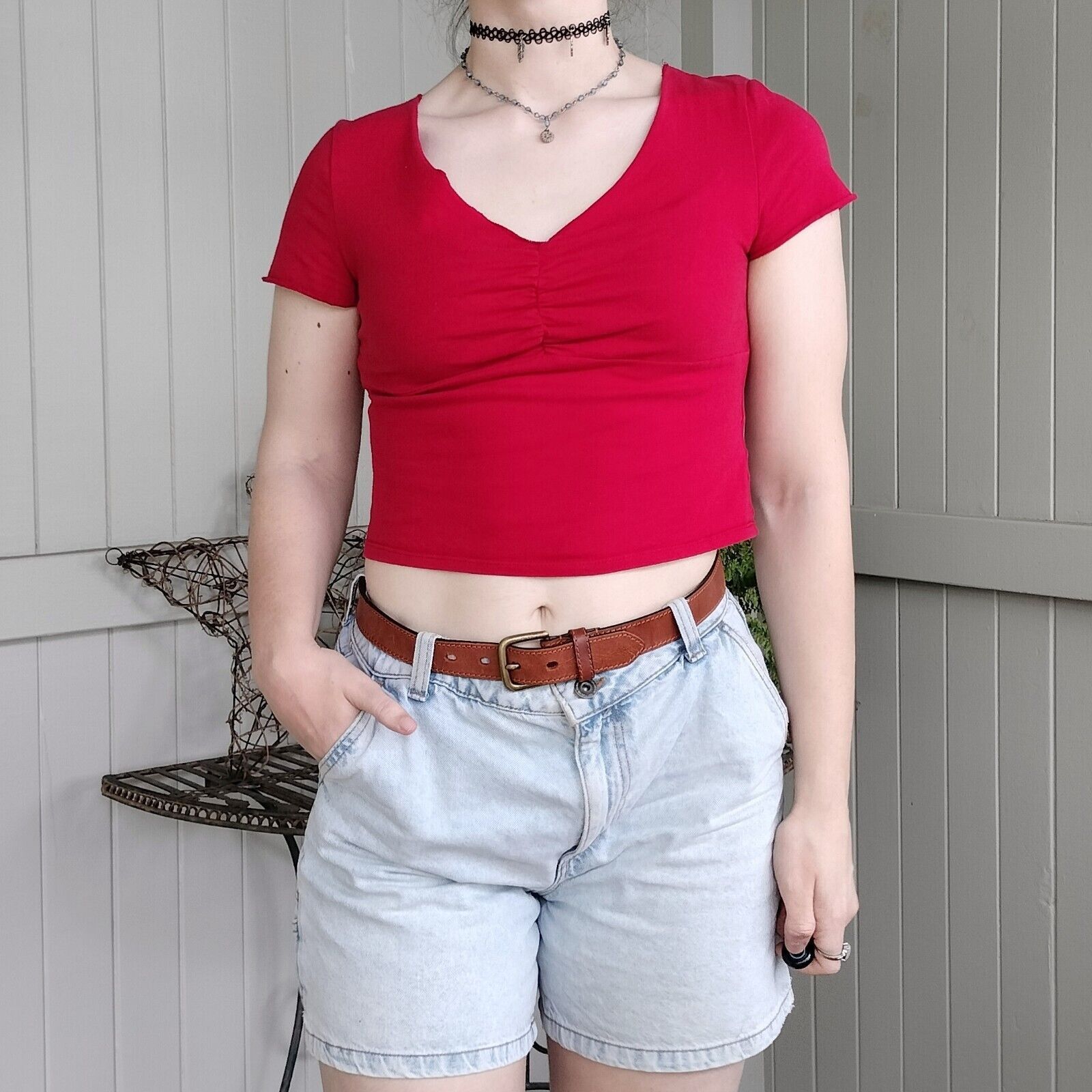 Other Ally Crop Top Short Sleeve Ruched Baby Tee Lettuce Hem Size M / US 6-8 / IT 42-44 - 3 Thumbnail