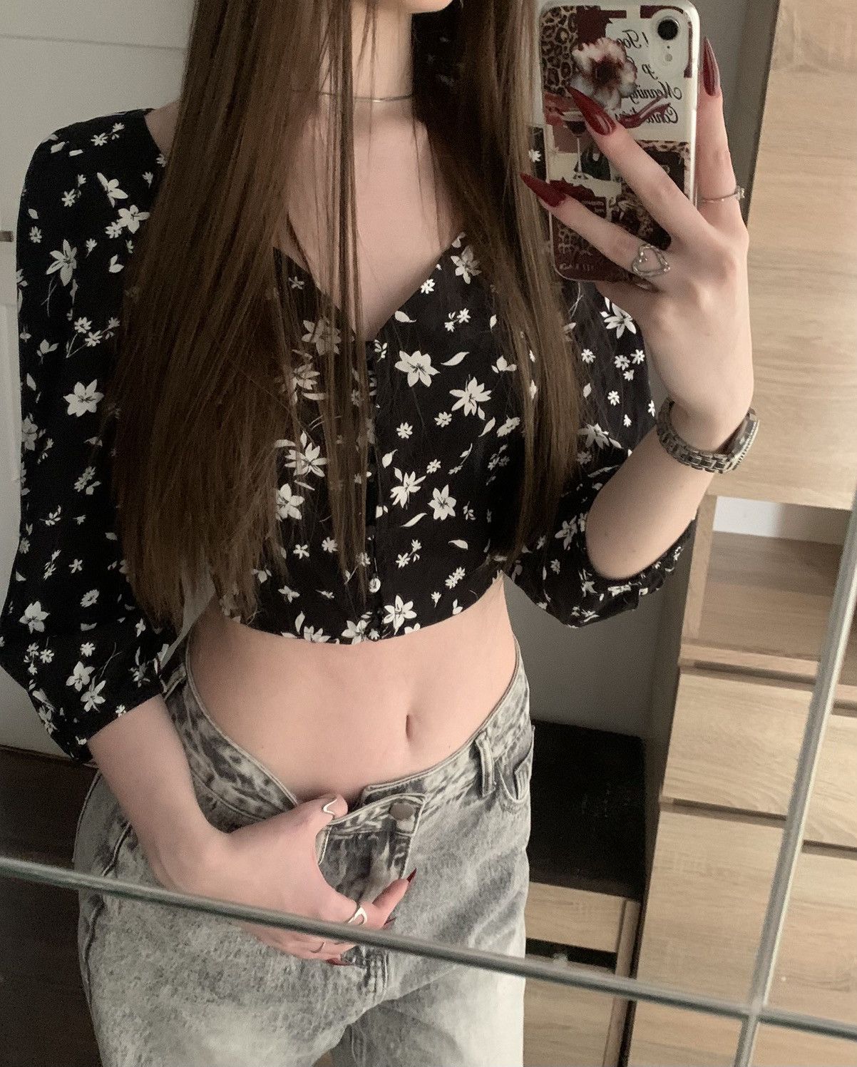 Other Black floral crop top XS with buttons – feminine and stylish Size XS / US 0-2 / IT 36-38 - 1 Thumbnail
