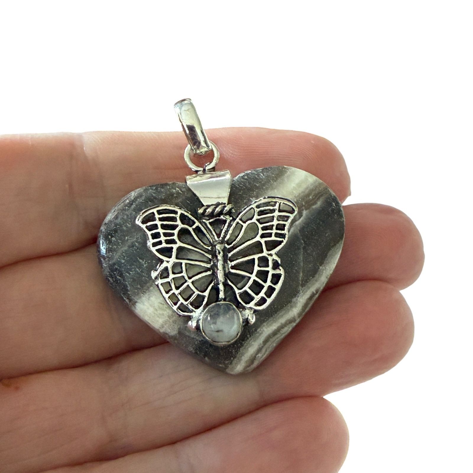 The Unbranded Brand Zebra Calcite & Moonstone Butterfly Heart Pendant Size ONE SIZE - 2 Thumbnail