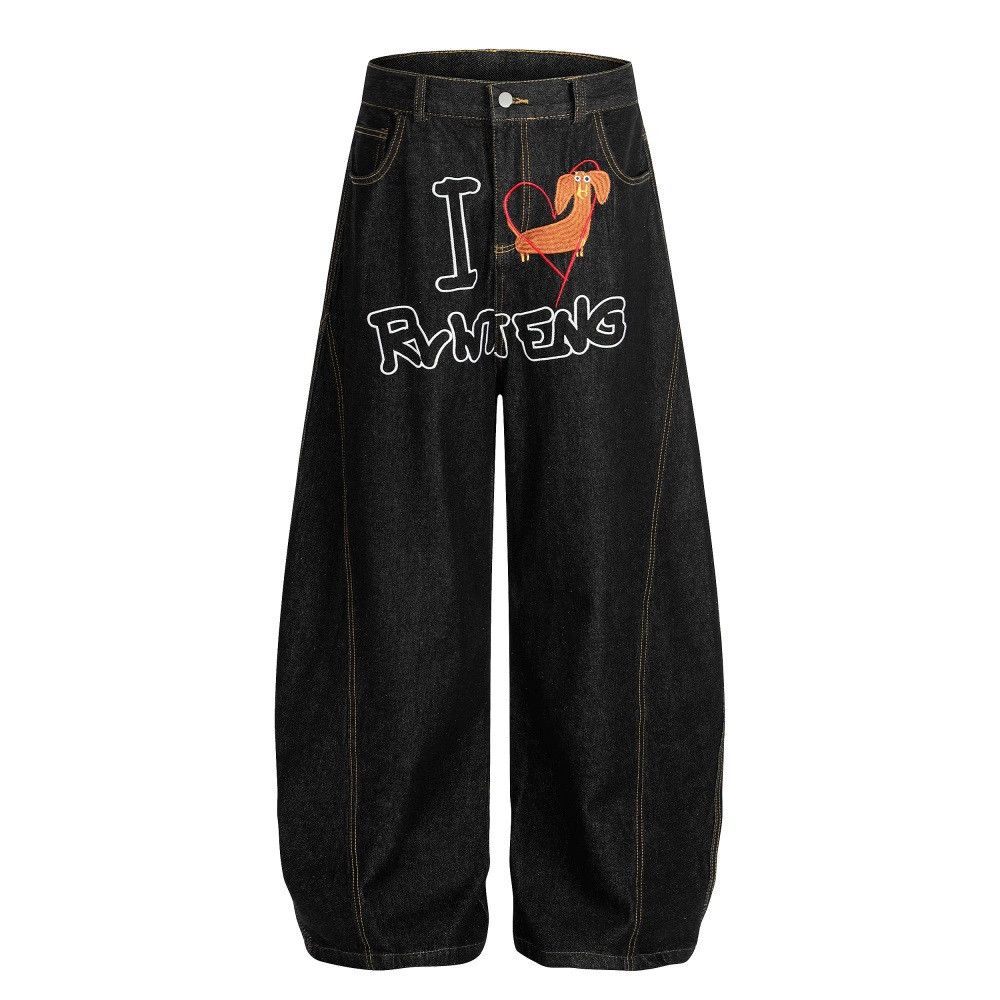 Jean Men's distressed washed cartoon embroidered scimitar jeans Size US 32 / EU 48 - 1 Thumbnail