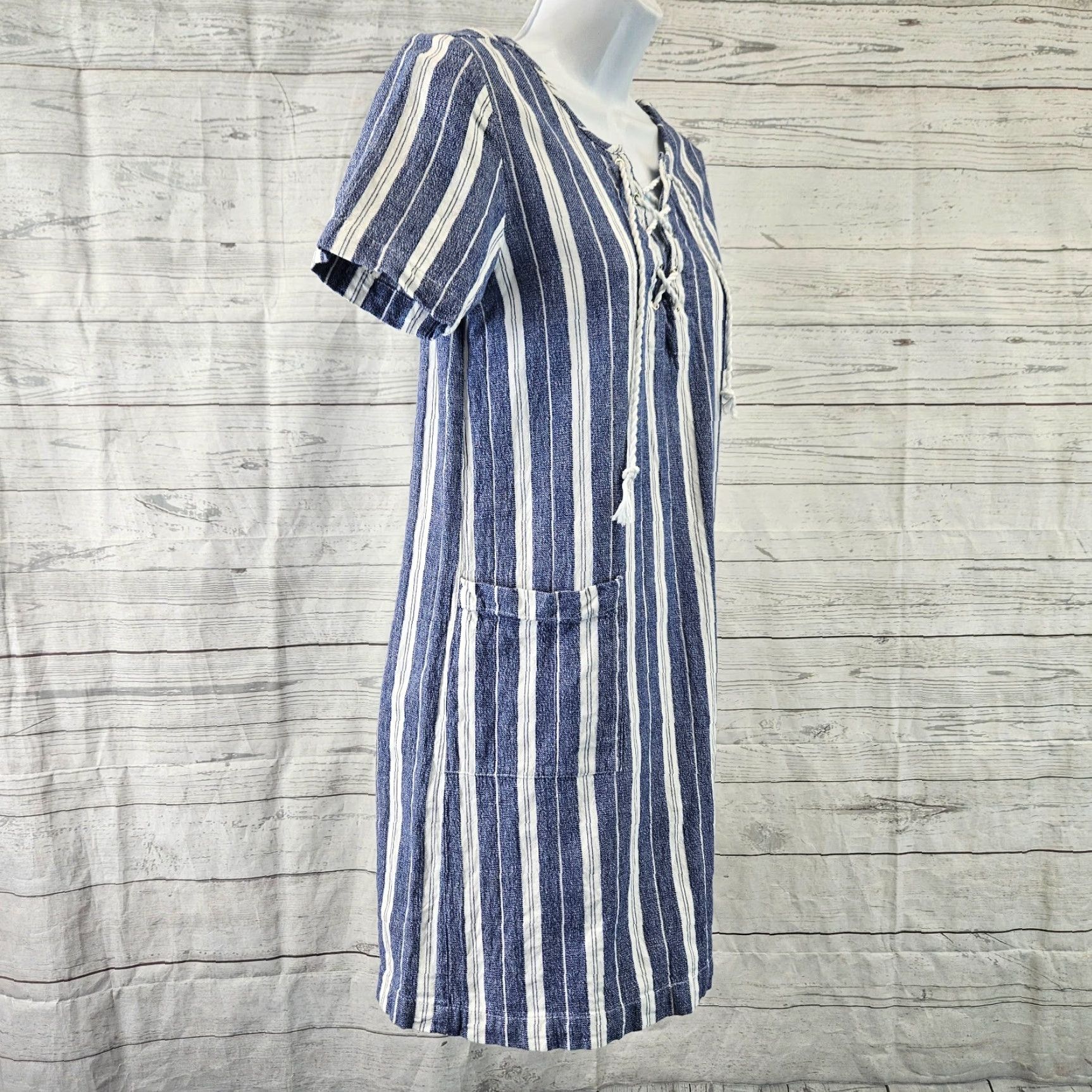 Vintage Mudpie Womens Dress Sz Small Blue White Stripe Short Sleeve Cotton Pockets Dress Size 28" / US 6 / IT 42 - 3 Thumbnail