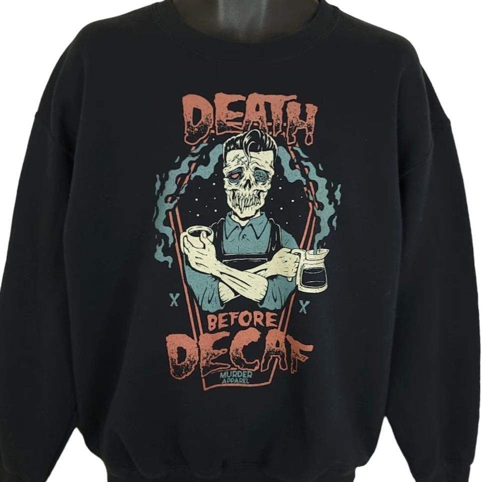 Gildan Death Before Decaf Sweatshirt Mens Size Large Skull Coffee Rockabilly Skeleton Gildan Size US L / EU 52-54 / 3 - 2 Thumbnail