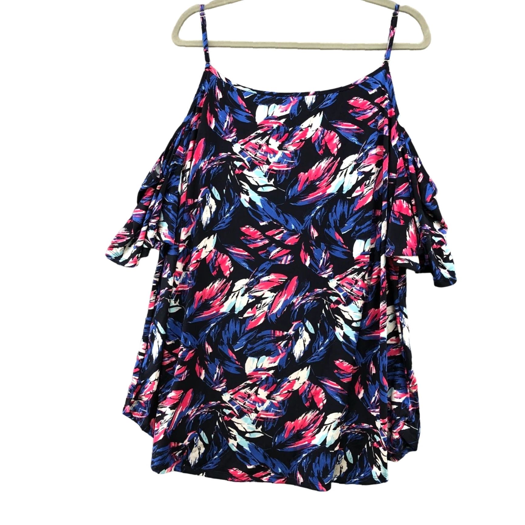 Vintage NWT SM Store Womens Plus Size 3X Cold Shoulder Top Blue Pink Floral Jersey Tropical Shirt Size XXL / US 16-18 / IT 52-54 - 2 Thumbnail