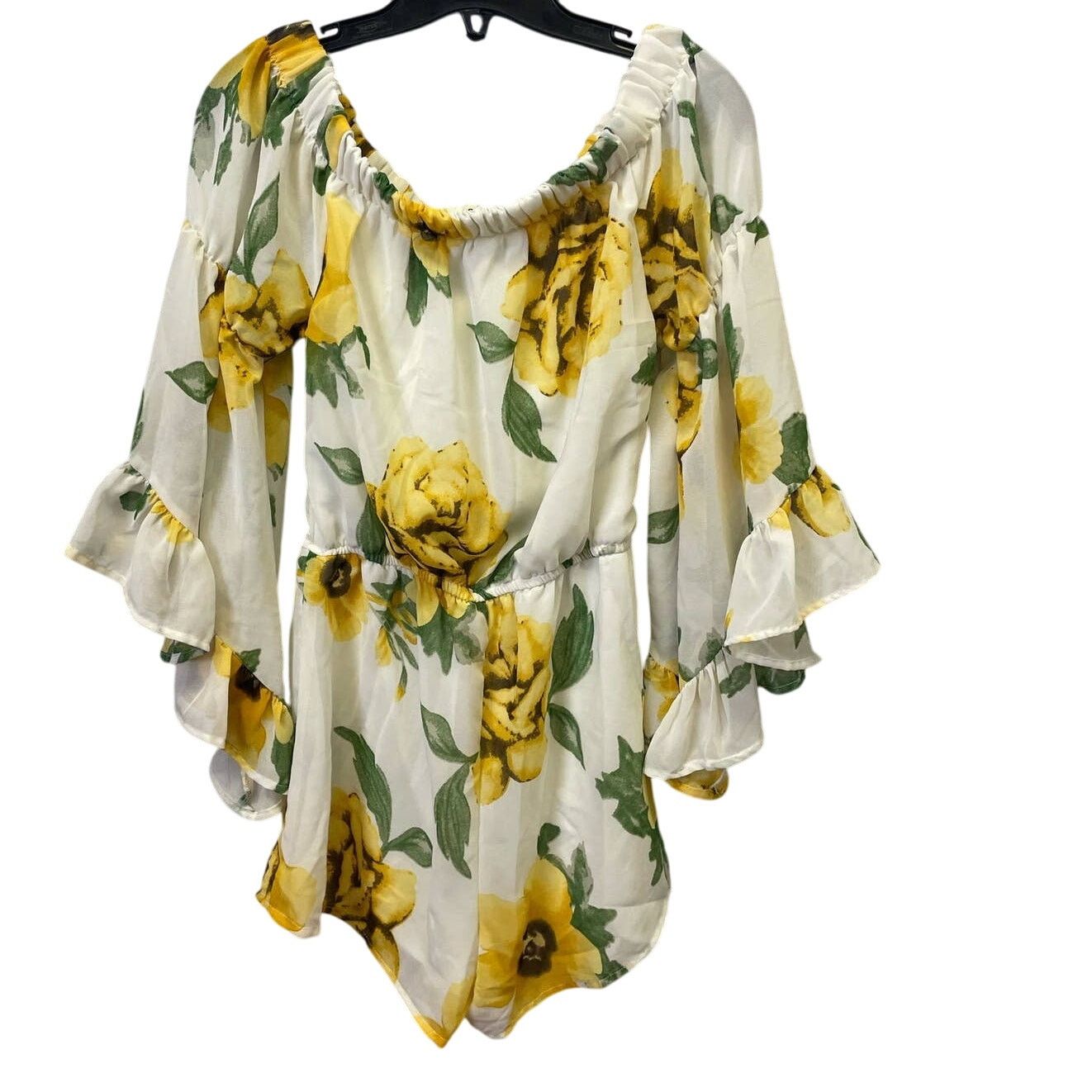 Blush Hint of Blush Sm Off Shoulder Sunflower Bell Sleeve Romper Size 35" - 5 Thumbnail