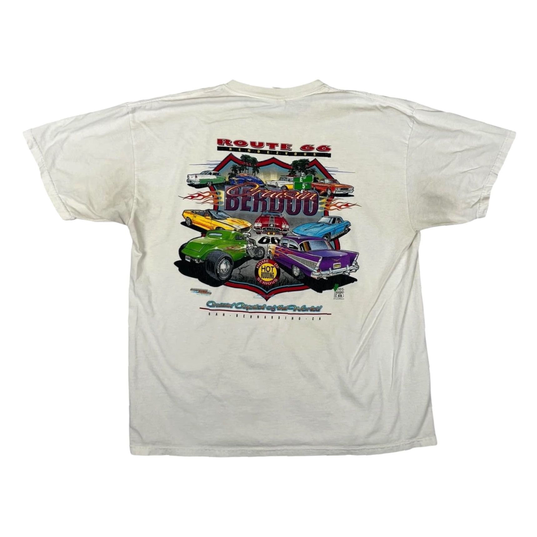 Gildan VINTAGE Route 66 Cruisin' Berdoo T-Shirt Mens XL White Hot Rod Cars San Bernardino CA Size US XL / EU 56 / 4 - 2 Thumbnail