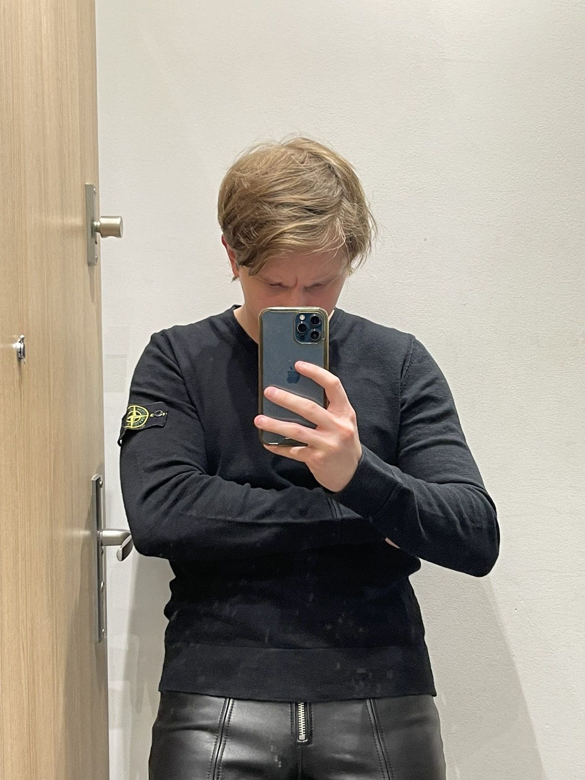 image of Stone Island V-Neck Black Thin Sweater, Men's (Size Medium)