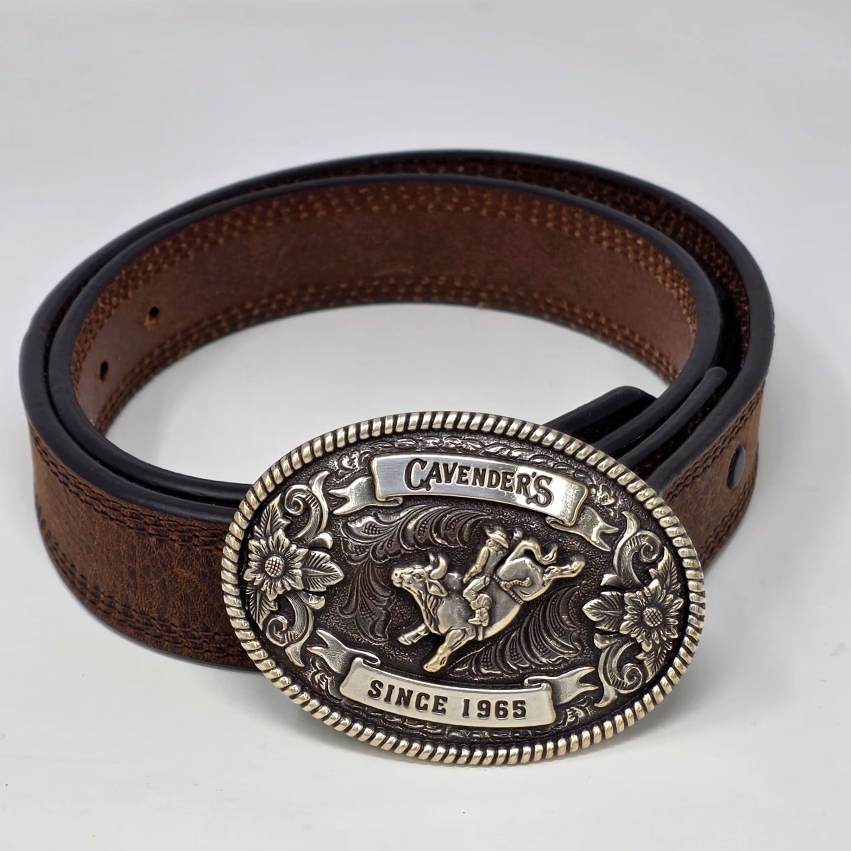 Vintage Cavenders Brown Leather Belt Big Buckle Size 30 Western Cowboy Bull Rider Rodeo Belt Mens Size 30 - 2 Thumbnail