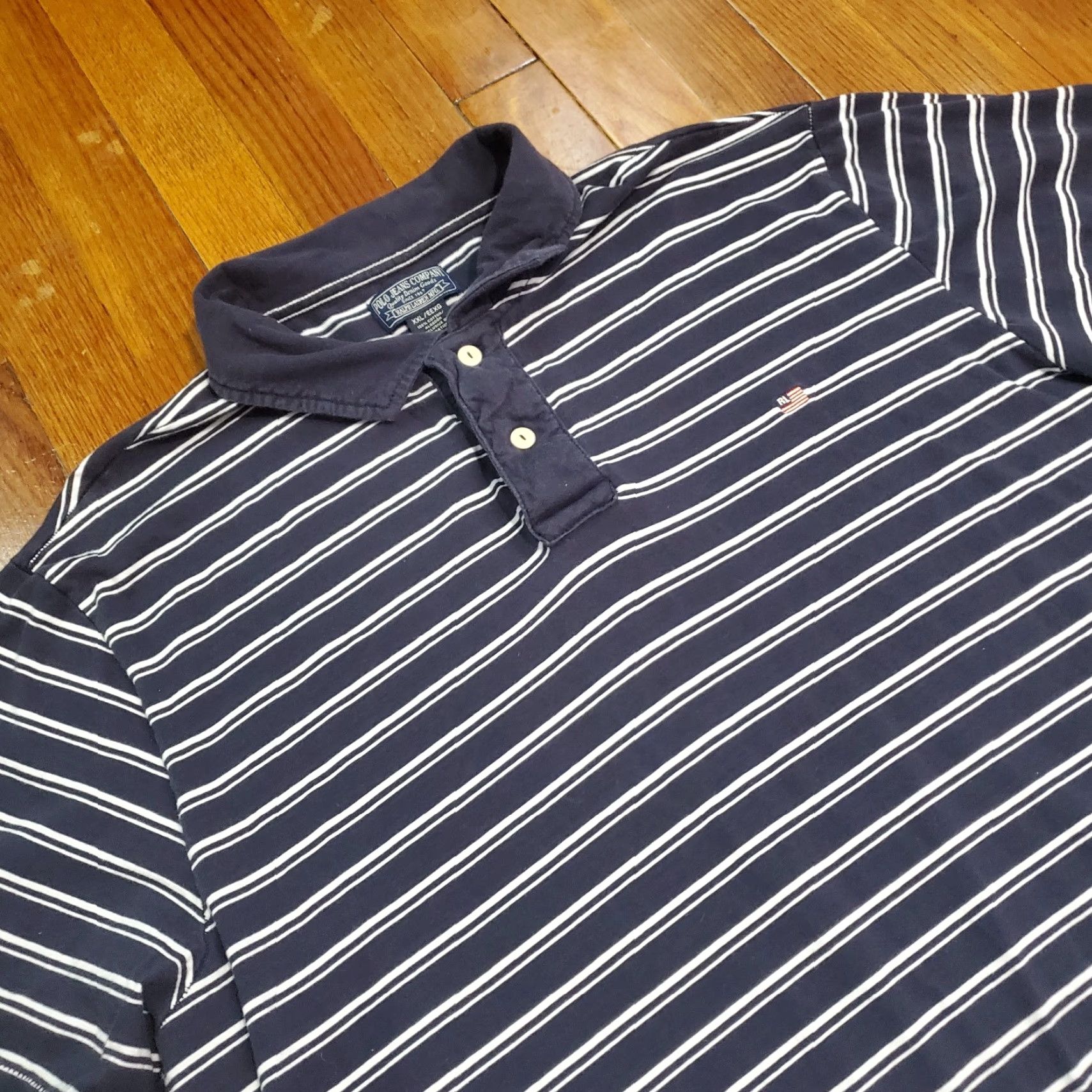 Ralph Lauren VTG Polo Jeans Company Polo Shirt Short Sleeve Navy Blue Men’s 2XL Striped Polo Shirt Polo Navy Blue 90s Mens Size US XXL / EU 58 / 5 - 3 Thumbnail