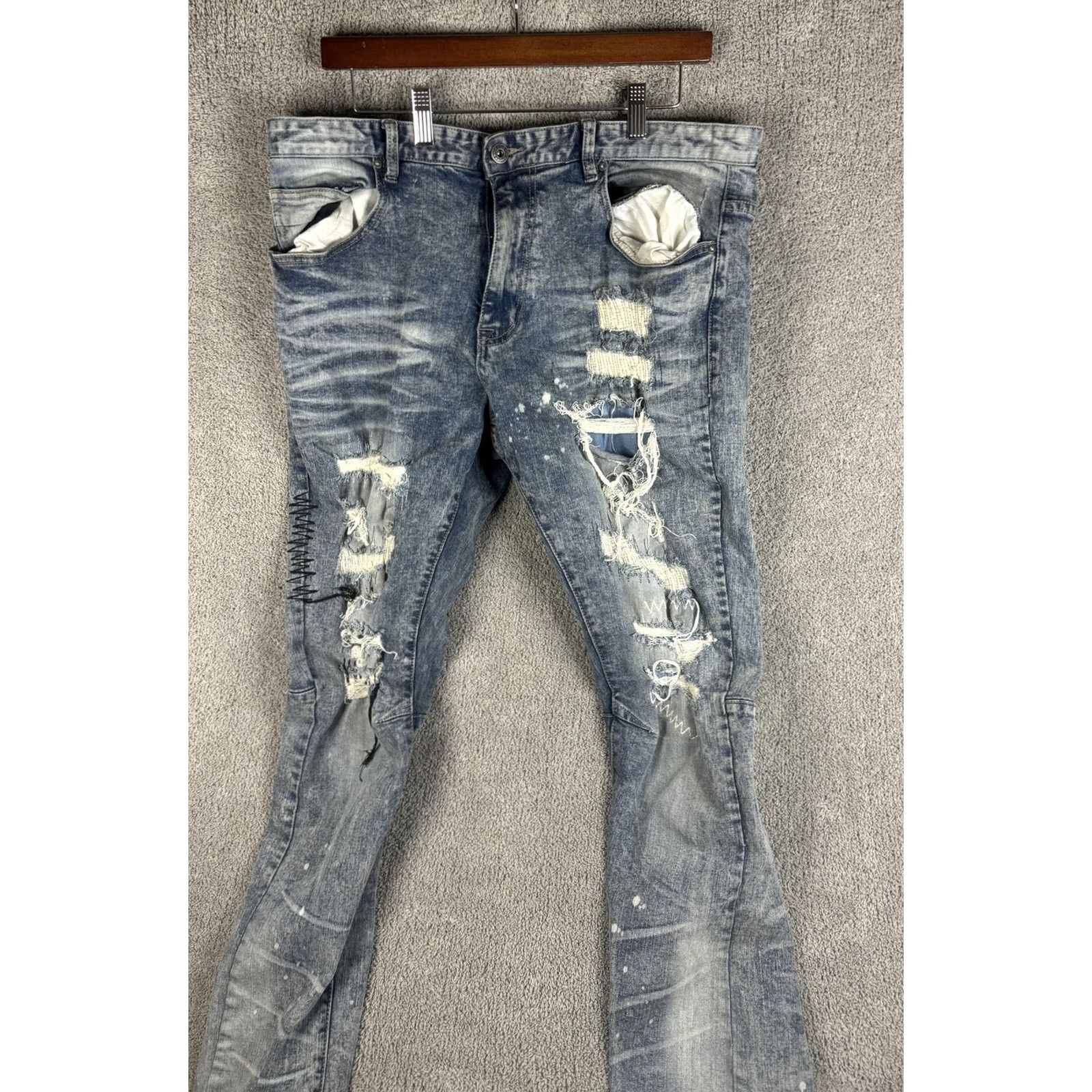 Denime Smoke Rise Jeans Mens 38x32 Slim Blue Distressed Paint Splatter Denim Grunge 90s Mens Size US 38 / EU 54 - 2 Thumbnail