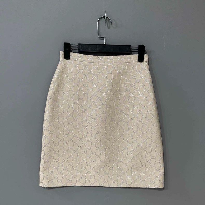 Gucci Beige silver silk full-printed wool skirt 2506-Nextar