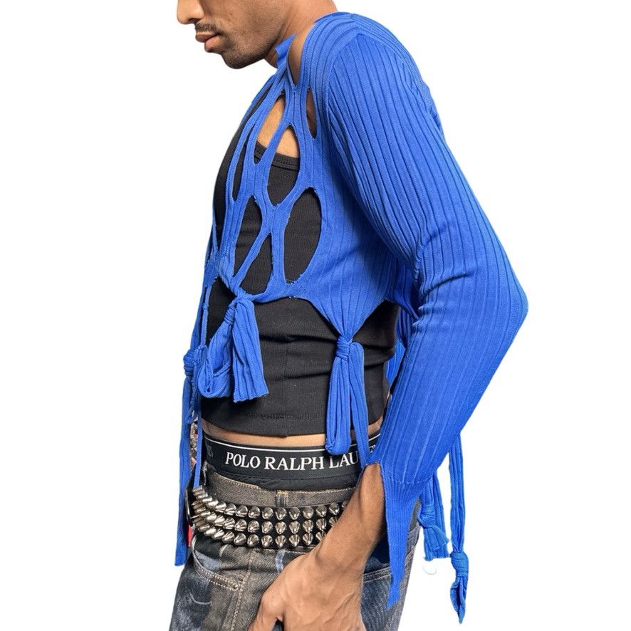 Other ASTROBOI* Blue Open Knit Ribbed Knotted Polo Sweater - Large Size US L / EU 52-54 / 3 - 7 Thumbnail