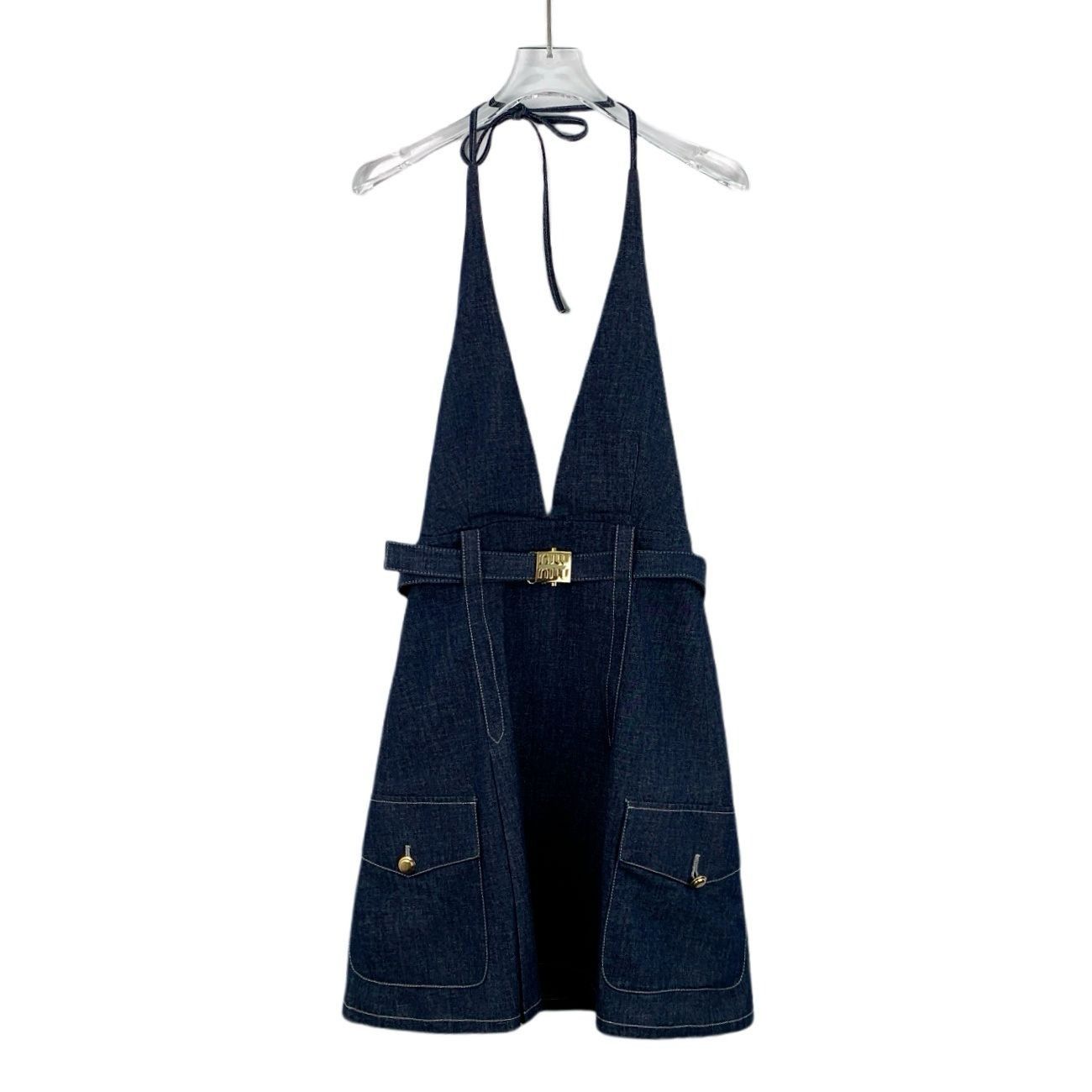 Miu Miu Miu Miu Dark Blue Cotton Denim Halter Dress With Belted Wais Size XS / US 0-2 / IT 36-38 - 1 Thumbnail