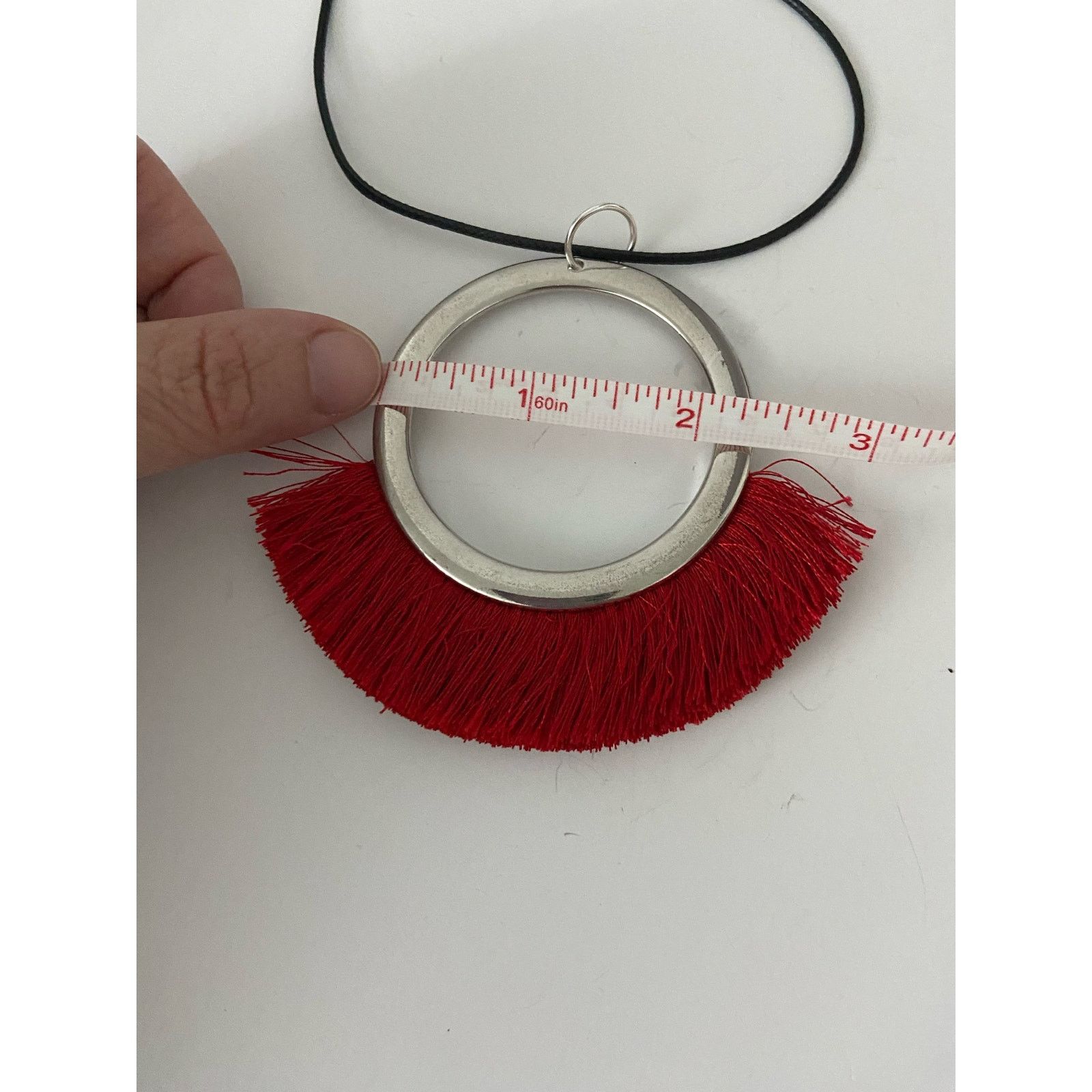 Other Silver tone round pendant necklace with red fringe Size ONE SIZE - 4 Thumbnail
