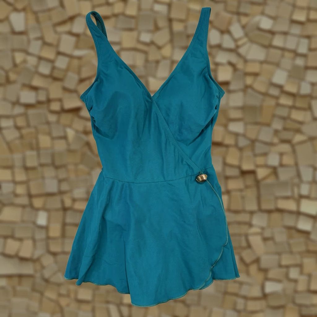 Vintage VINTAGE Christina One Piece Swimsuit Modest Swim Dress Wrap Teal Gold Button 10 Size L / US 10 / IT 46 - 1 Thumbnail