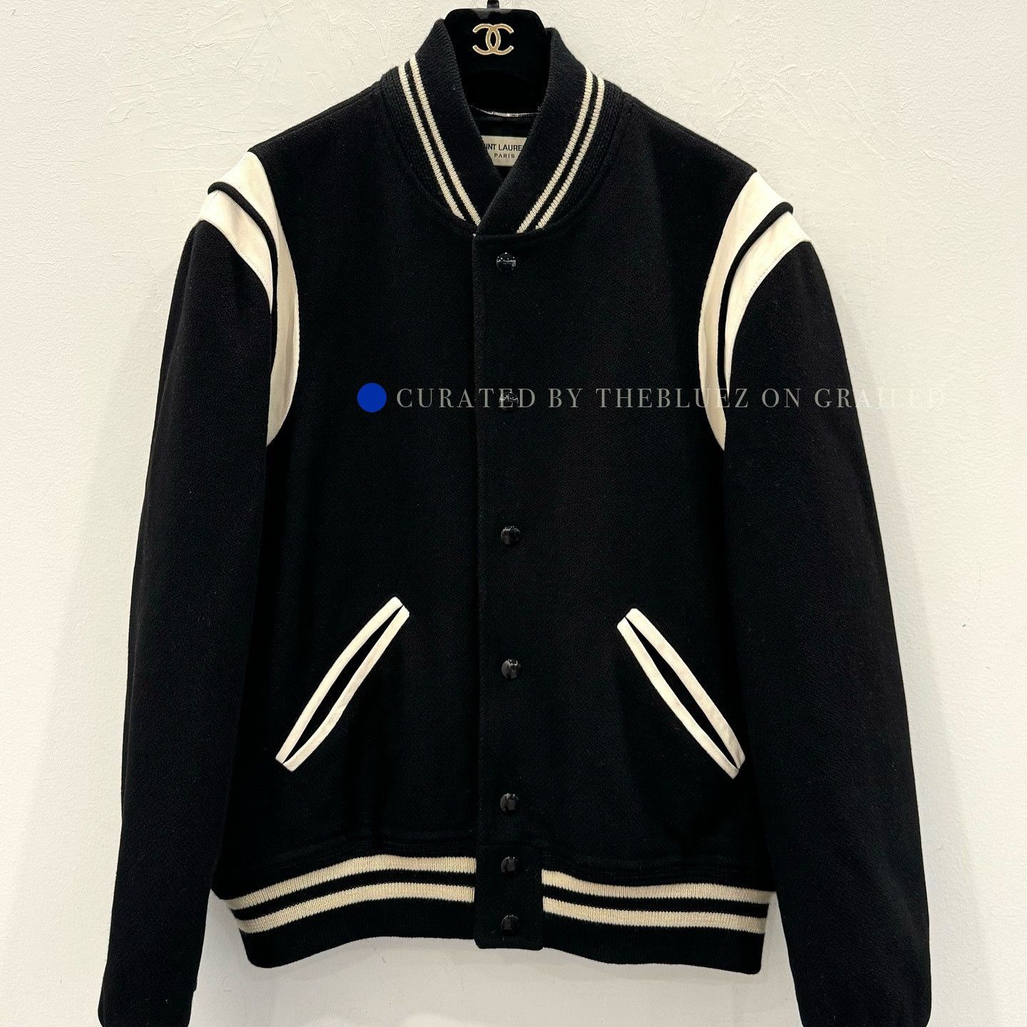 Saint Laurent Paris Elegant Black Wool Blend Varsity Jacket Size US M / EU 48-50 / 2 - 1 Thumbnail