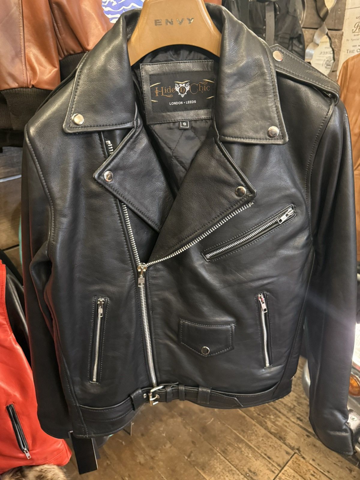 Handmade Vintage Black Leather Biker Jacket – Gothic Skull Ace Size US S / EU 44-46 / 1 - 4 Thumbnail