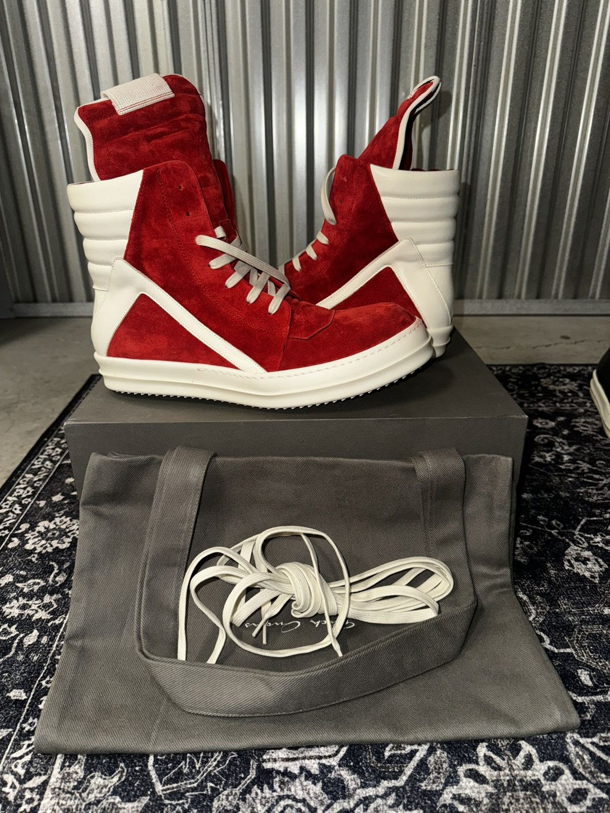 Rick Owens Rick Owens SS21 Red and Milk Geobasket Sneakers | Grailed