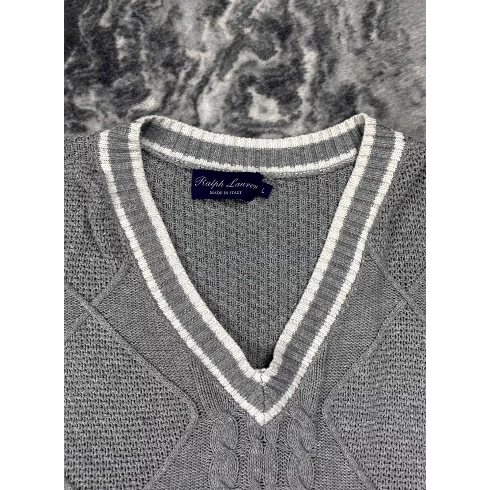 Ralph Lauren Purple Label Ralph Lauren Purple Label Men Sweater L Gray V Neck Cable Knit Silk Pullover Casual Size US L / EU 52-54 / 3 - 4 Thumbnail
