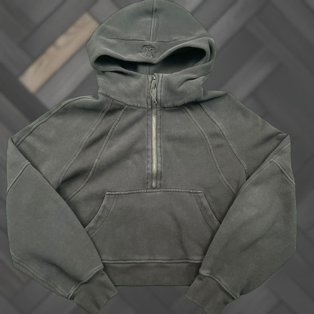Lululemon Scuba Half Zip Cropped Hoodie Women's M/L Black Raglan Sleeve Thumb Holes Kangaroo Pocket Fleece