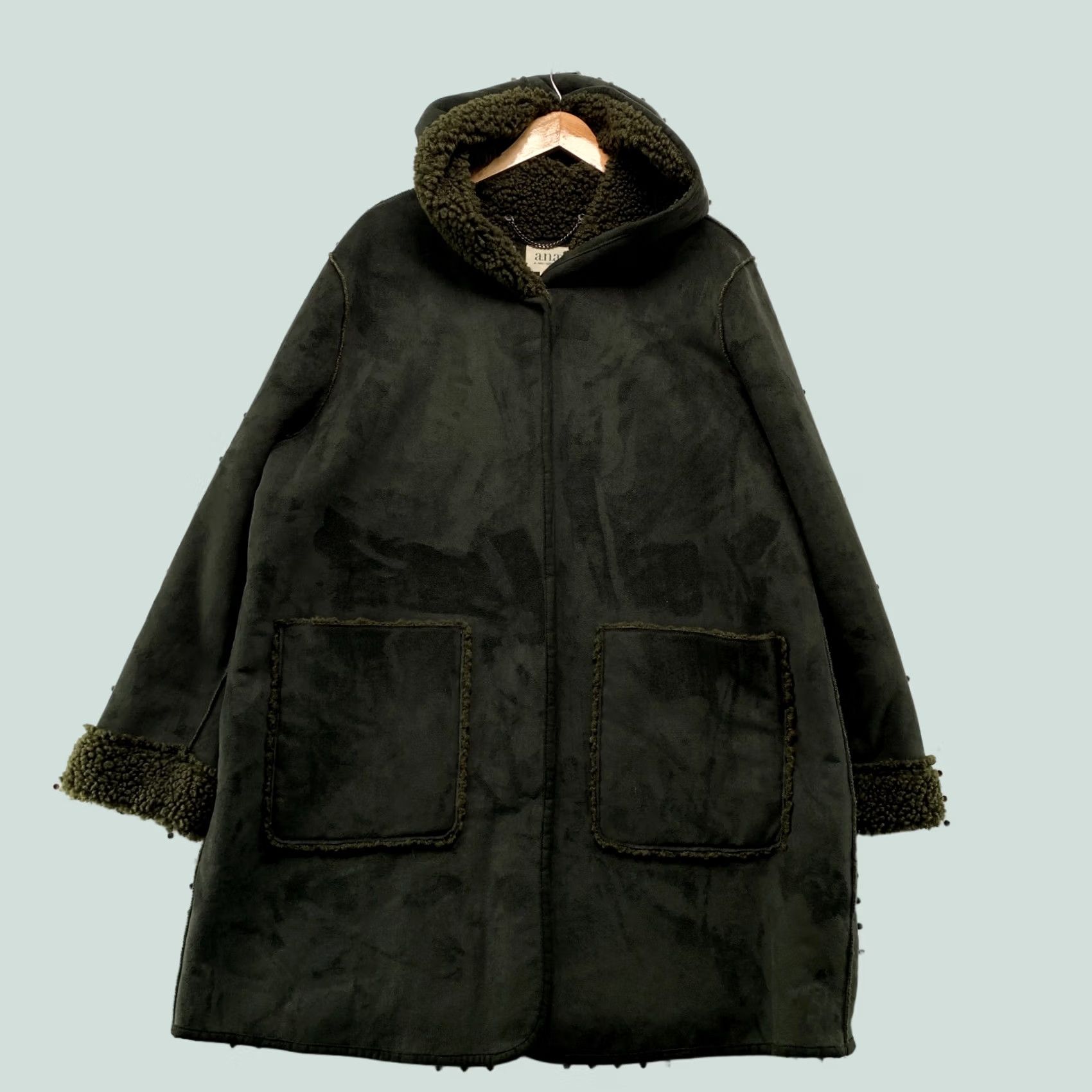 Olive ANA Faux Shearling Hooded Coat Womens XL Olive Green Sherpa Lined 25x34.5 Coat, Winter, Regular, Green, Overcoat, Jacket/Coat Long Size XL / US 12-14 / IT 48-50 - 1 Thumbnail