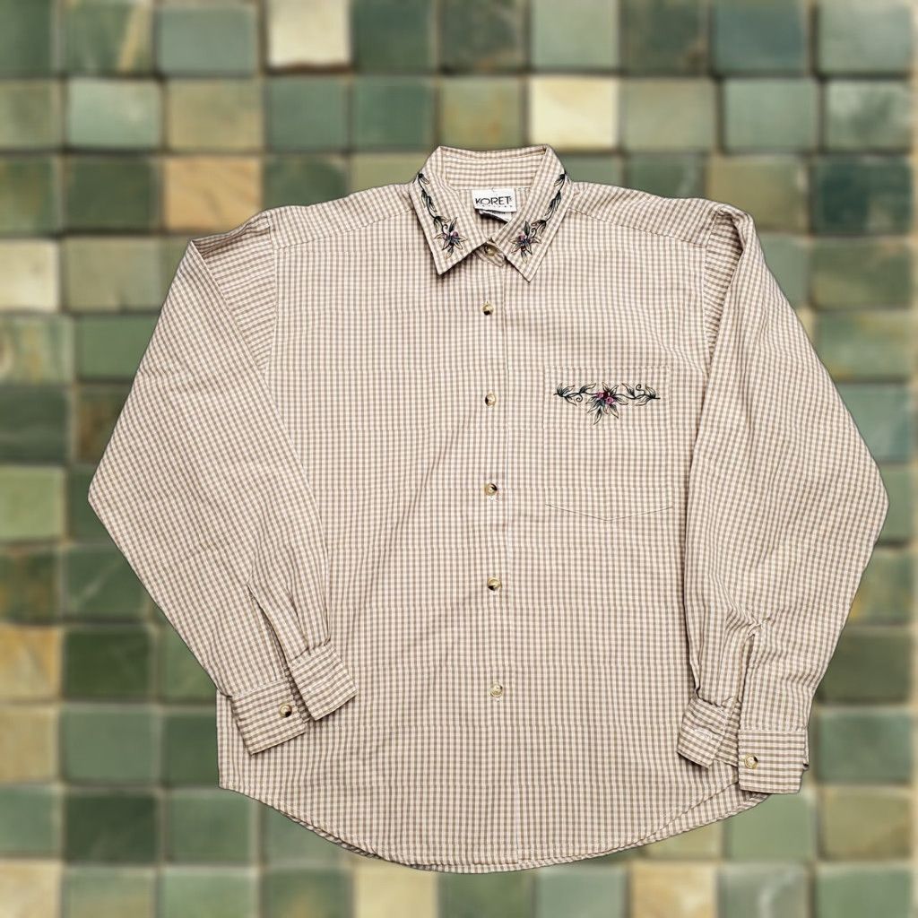Vintage VINTAGE Koret Western Shirt Womens 6 Brown Gingham Check Embroidered Floral Casual Shirt Womens 6 Brown Gingham Check Embroidered Floral Casual Mens? Size M / US 6-8 / IT 42-44 - 1 Thumbnail