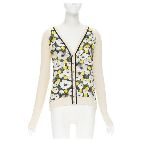 Louis Vuitton LOUIS VUITTON floral silk panel beige ribbed wool cardigan Size S / US 4 / IT 40 - 1 Thumbnail