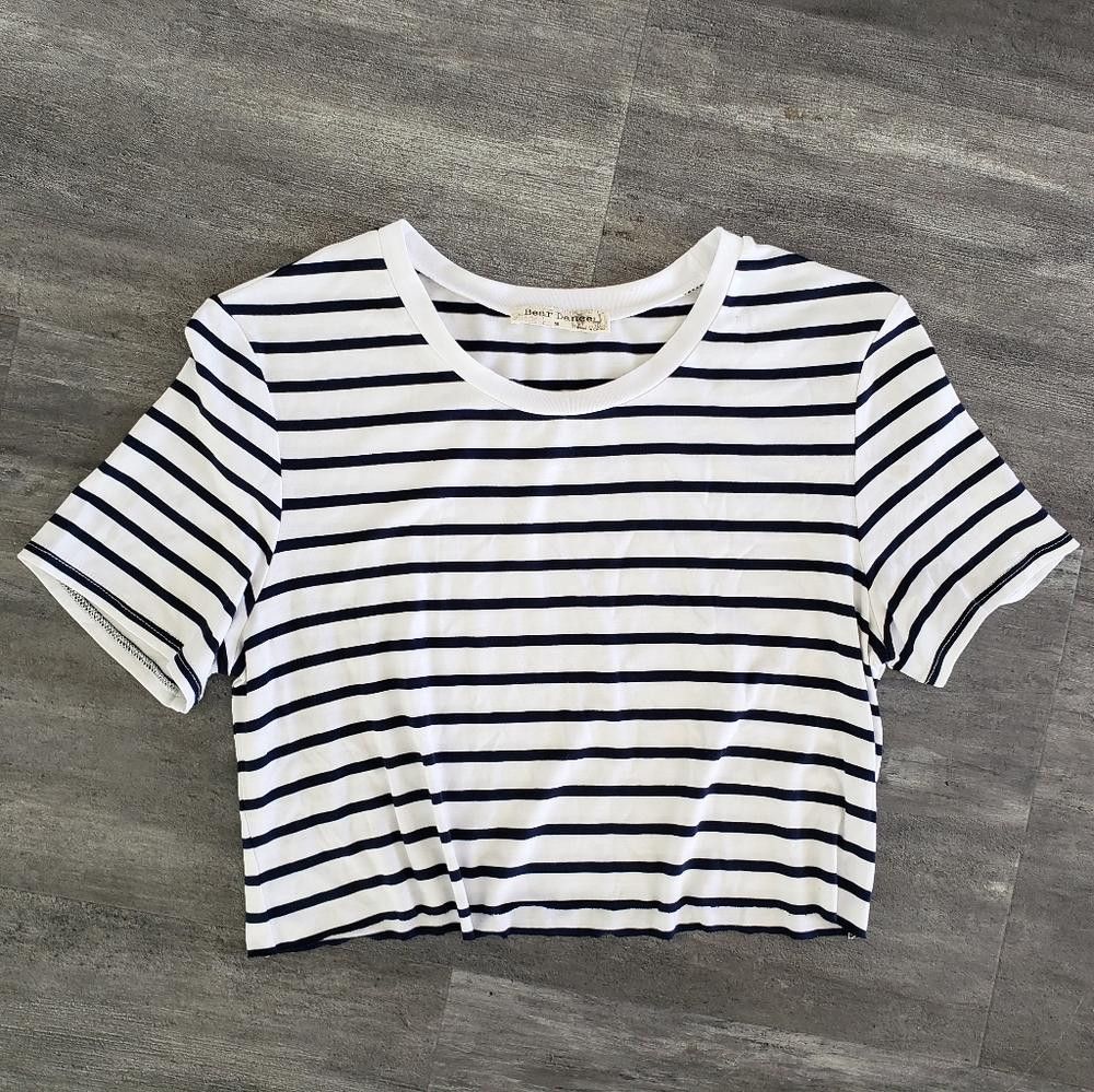 Designer White Navy Striped BD Cropped Short Sleeve Size S / US 4 / IT 40 - 1 Thumbnail