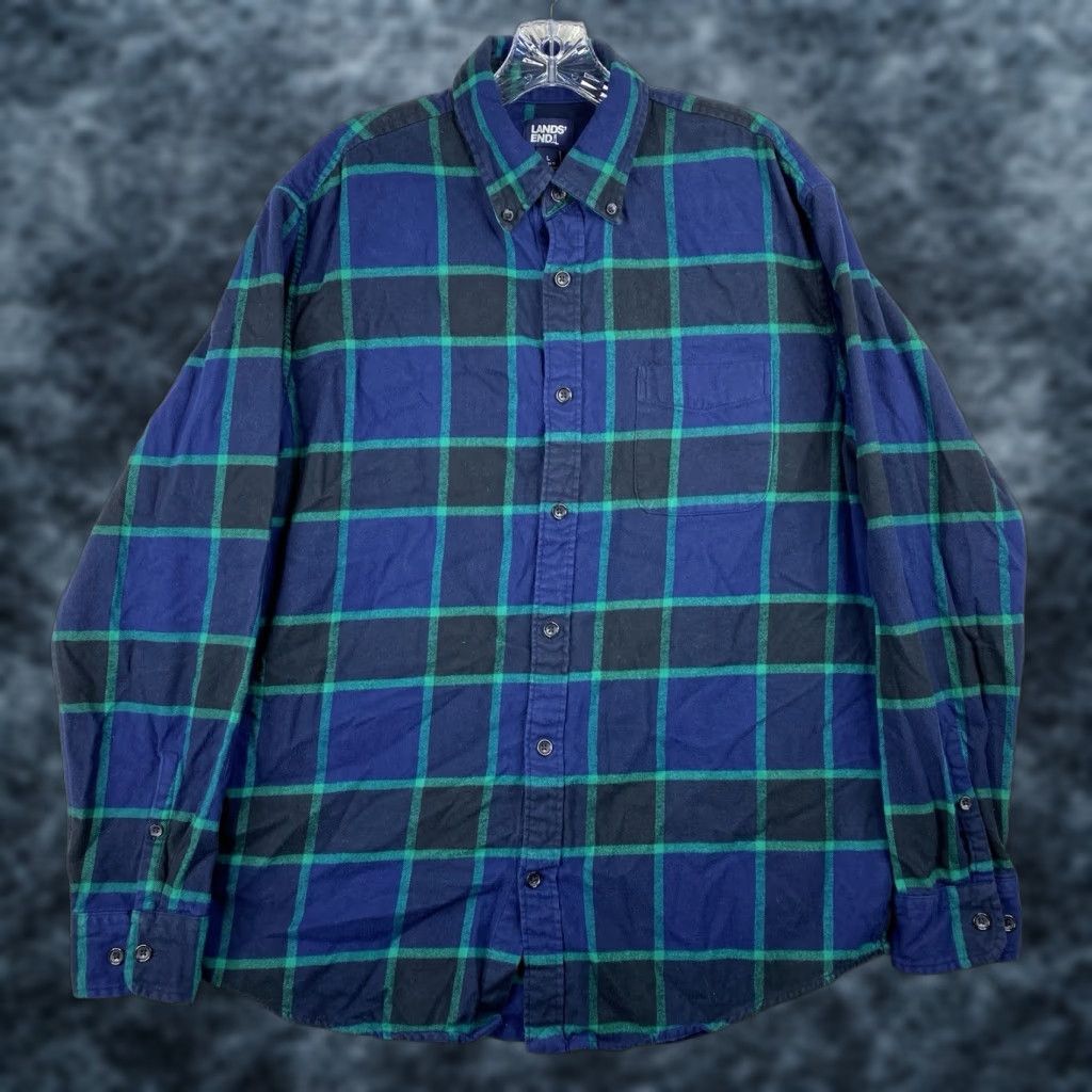 Lands' End Lands' End Mens Flannel Shirt L Button Up Long Sleeve Blue Plaid Tradition Shirt Button-Up Casual Men Size US L / EU 52-54 / 3 - 1 Thumbnail