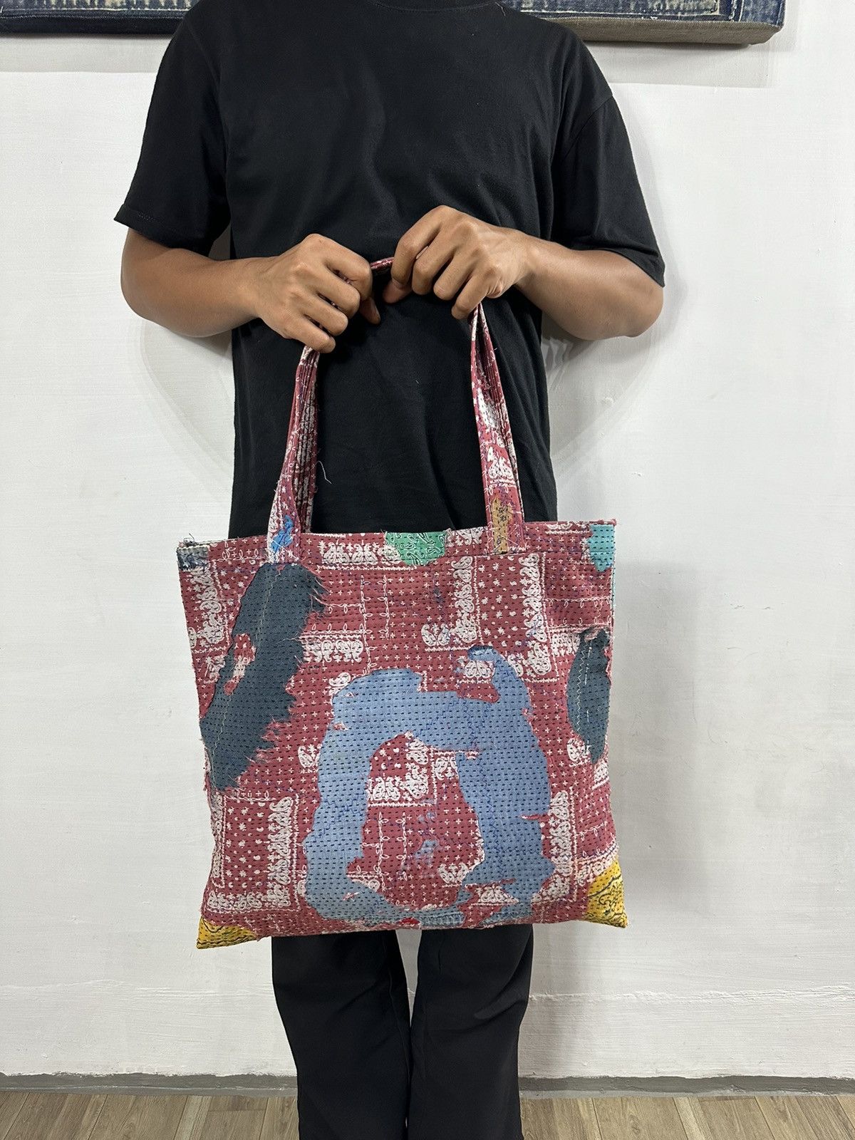 Handmade Custom Made Distressed denim Patchwork Boro Paisley tote bag Size ONE SIZE - 2 Thumbnail